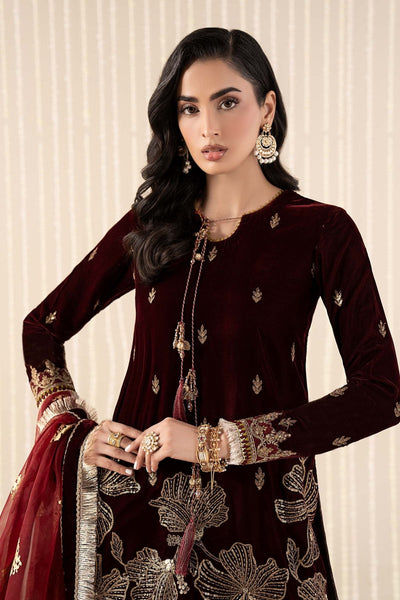 Maria B | RTW | 3 Piece Embroidered Velvet Suit-Brand:Maria B-Type:Luxury Formals-Maroon - House of Maryam- Buy in UK, USA