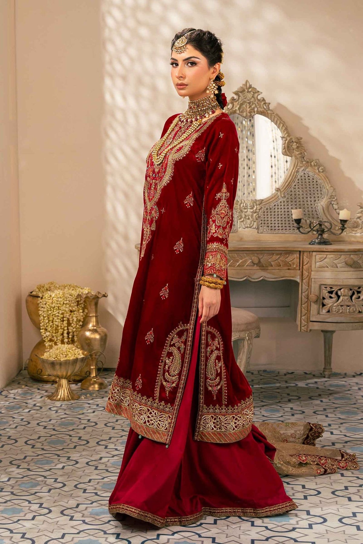 Maria B | RTW | 3 Piece Embroidered Velvet Suit-Brand:Maria B-Type:Luxury Formals-Pink - House of Maryam- Buy in UK, USA