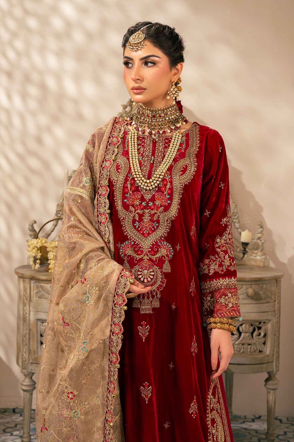 Maria B | RTW | 3 Piece Embroidered Velvet Suit-Brand:Maria B-Type:Luxury Formals-Pink - House of Maryam- Buy in UK, USA