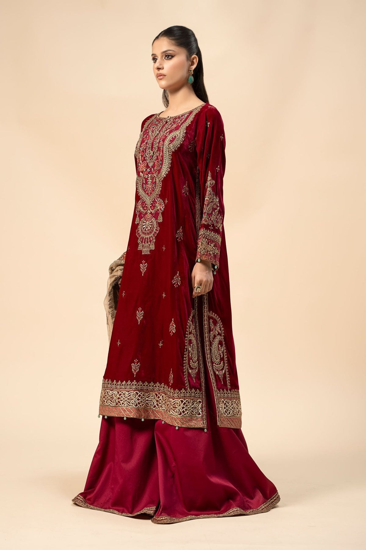 Maria B | RTW | 3 Piece Embroidered Velvet Suit-Brand:Maria B-Type:Luxury Formals-Pink - House of Maryam- Buy in UK, USA