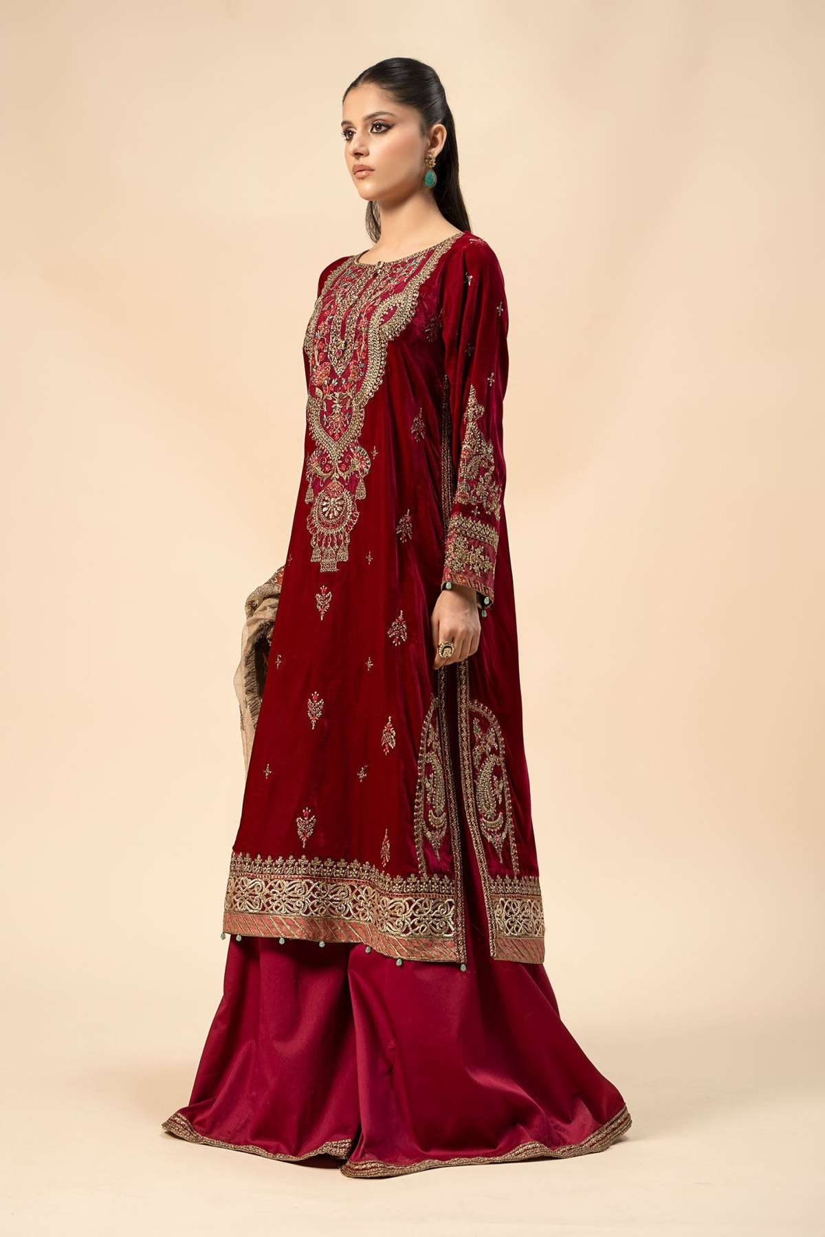 Maria B | RTW | 3 Piece Embroidered Velvet Suit-Brand:Maria B-Type:Luxury Formals-Pink - House of Maryam- Buy in UK, USA