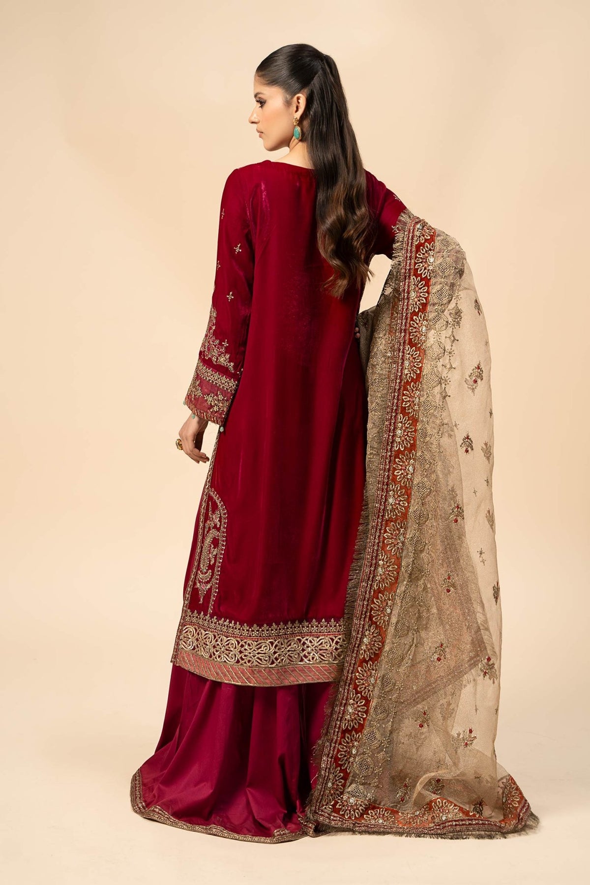 Maria B | RTW | 3 Piece Embroidered Velvet Suit-Brand:Maria B-Type:Luxury Formals-Pink - House of Maryam- Buy in UK, USA