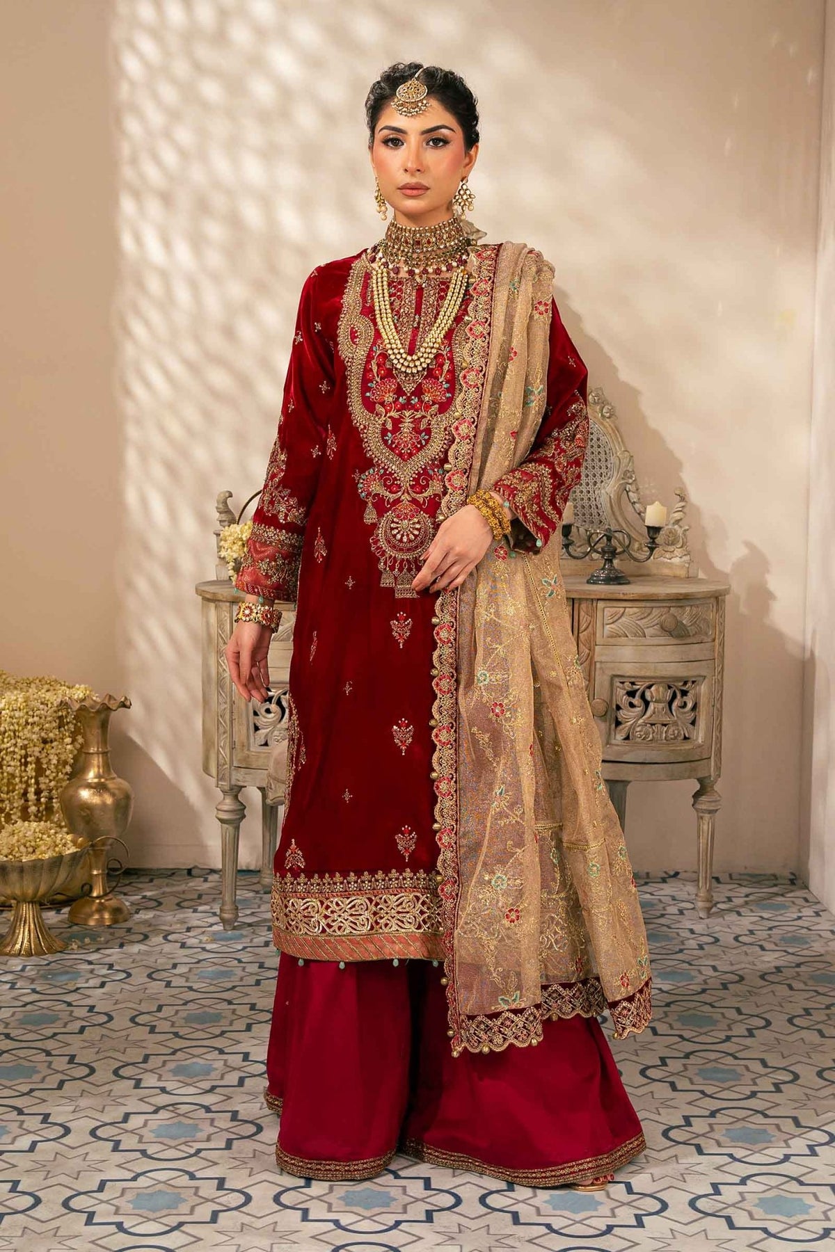 Maria B | RTW | 3 Piece Embroidered Velvet Suit-Brand:Maria B-Type:Luxury Formals-Pink - House of Maryam- Buy in UK, USA