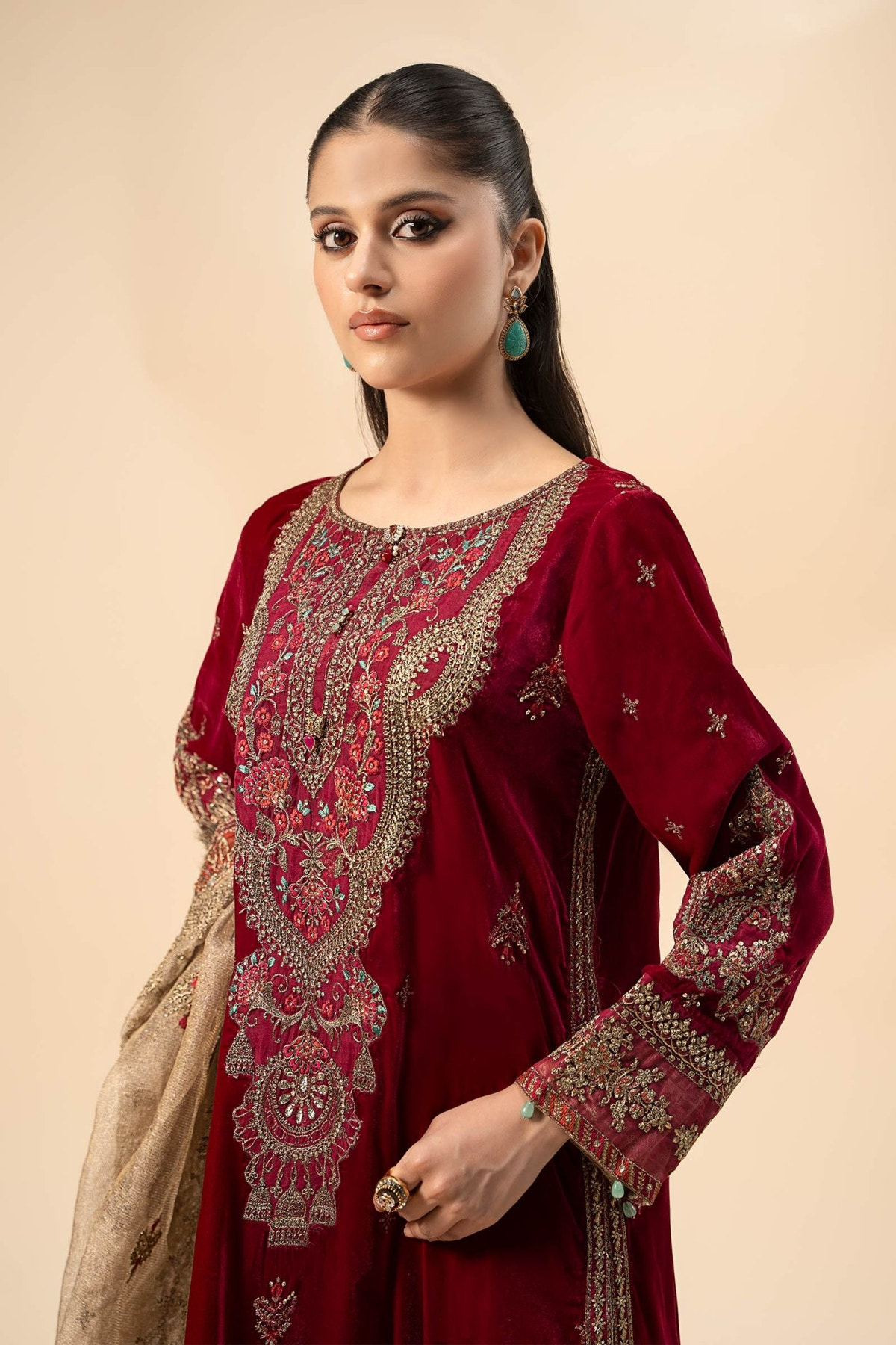 Maria B | RTW | 3 Piece Embroidered Velvet Suit-Brand:Maria B-Type:Luxury Formals-Pink - House of Maryam- Buy in UK, USA