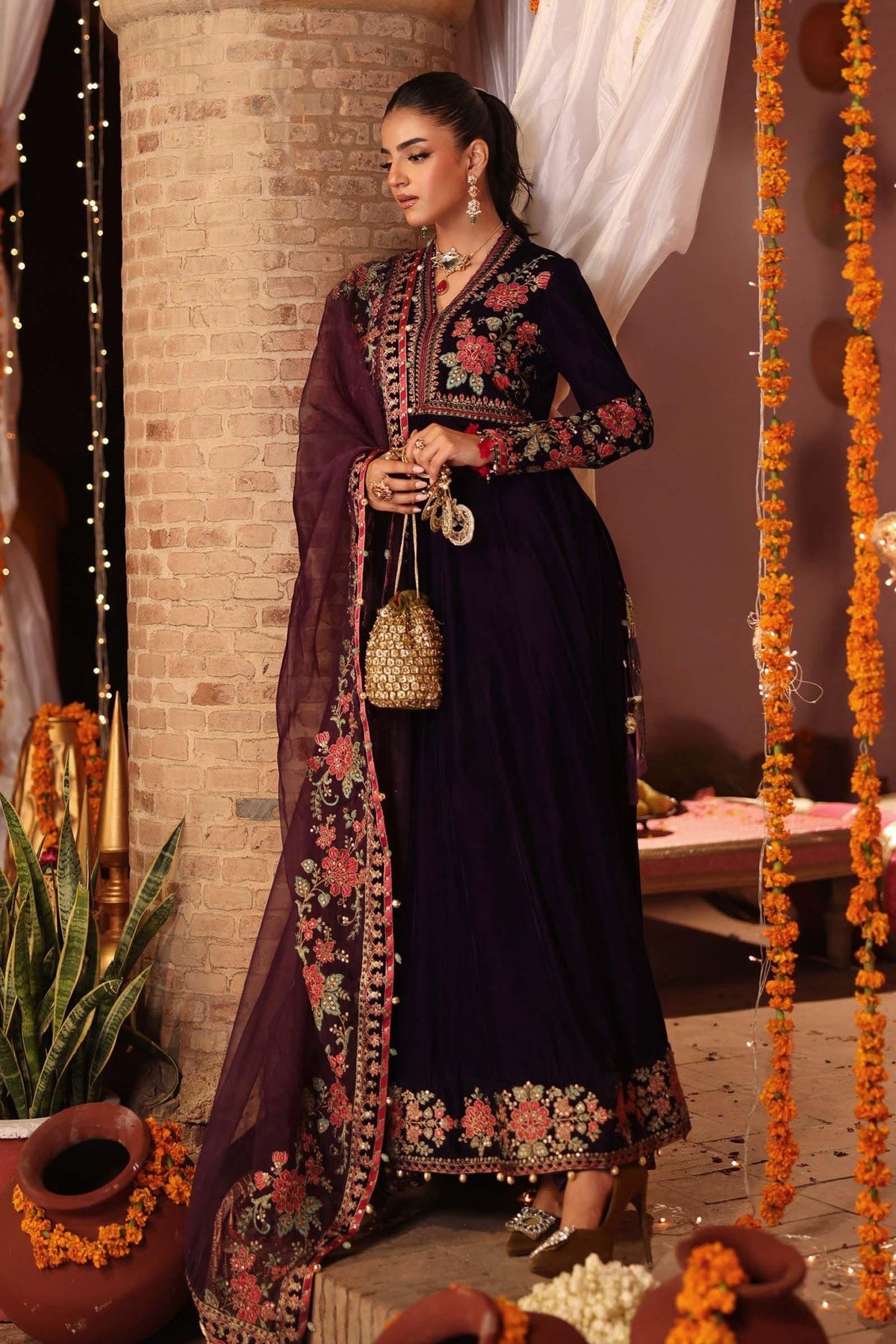 Maria B | RTW | 3 Piece Embroidered Velvet Suit-Brand:Maria B-Type:Luxury Formals-Purple - House of Maryam- Buy in UK, USA