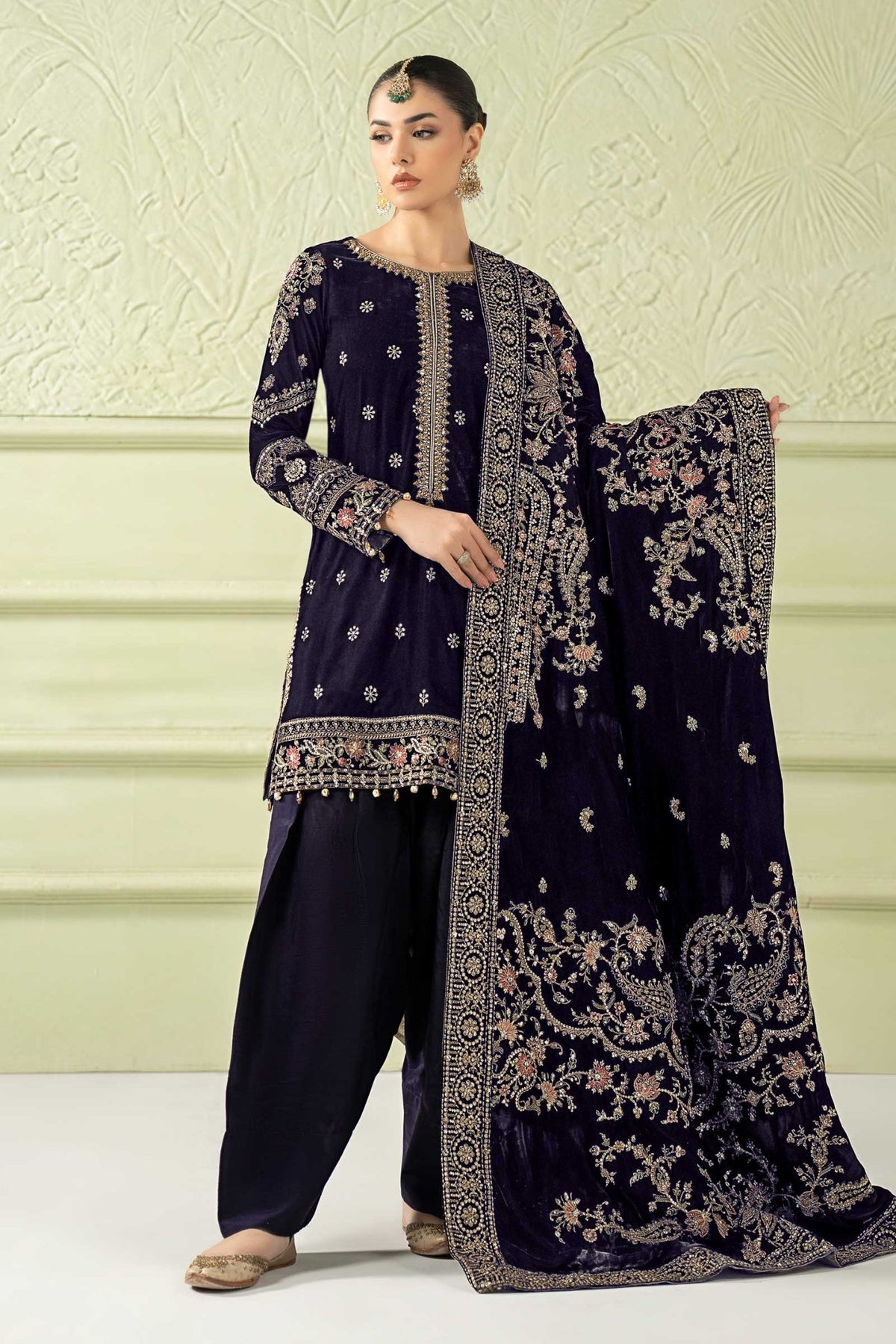 Maria B | RTW | 3 Piece Embroidered Velvet Suit-Brand:Maria B-Type:Luxury Formals-Purple - House of Maryam- Buy in UK, USA