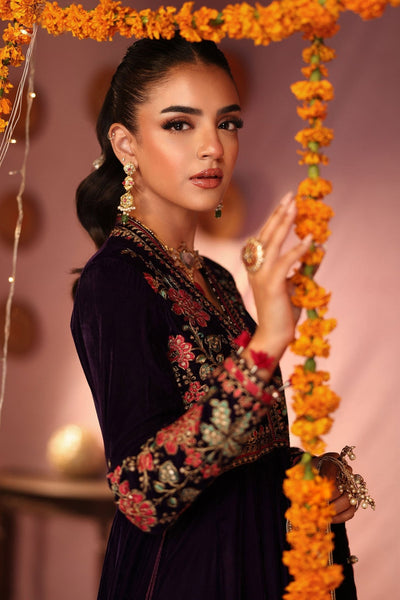 Maria B | RTW | 3 Piece Embroidered Velvet Suit-Brand:Maria B-Type:Luxury Formals-Purple - House of Maryam- Buy in UK, USA