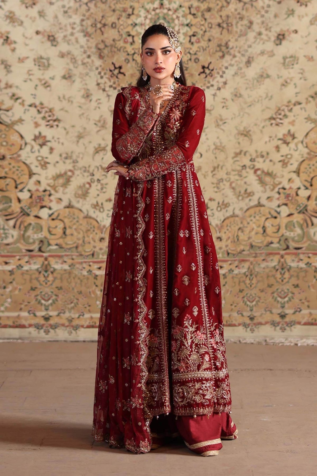 Maria B | RTW | 3 Piece Embroidered Velvet Suit-Brand:Maria B-Type:Luxury Formals-Red - House of Maryam- Buy in UK, USA