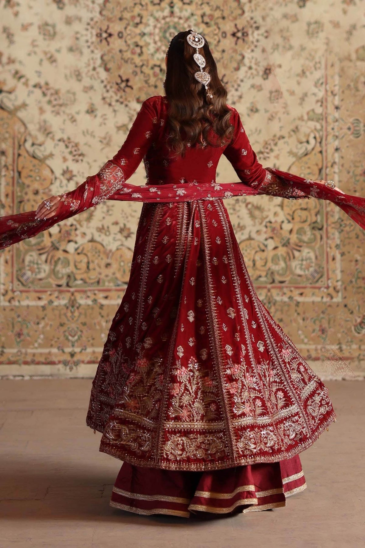 Maria B | RTW | 3 Piece Embroidered Velvet Suit-Brand:Maria B-Type:Luxury Formals-Red - House of Maryam- Buy in UK, USA