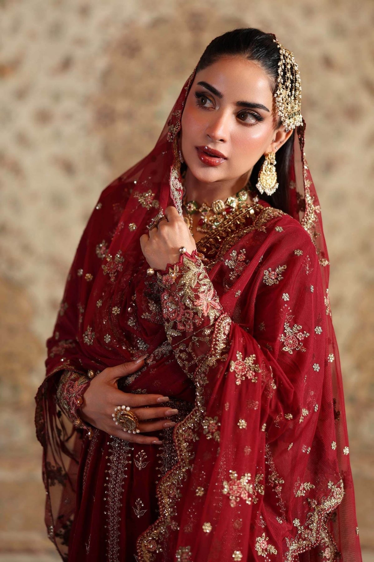 Maria B | RTW | 3 Piece Embroidered Velvet Suit-Brand:Maria B-Type:Luxury Formals-Red - House of Maryam- Buy in UK, USA
