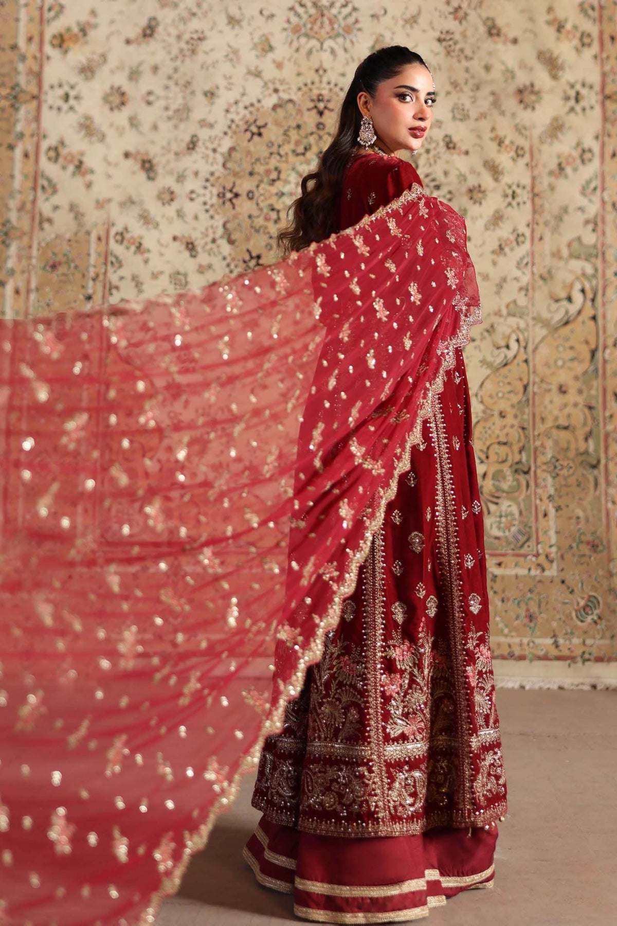 Maria B | RTW | 3 Piece Embroidered Velvet Suit-Brand:Maria B-Type:Luxury Formals-Red - House of Maryam- Buy in UK, USA