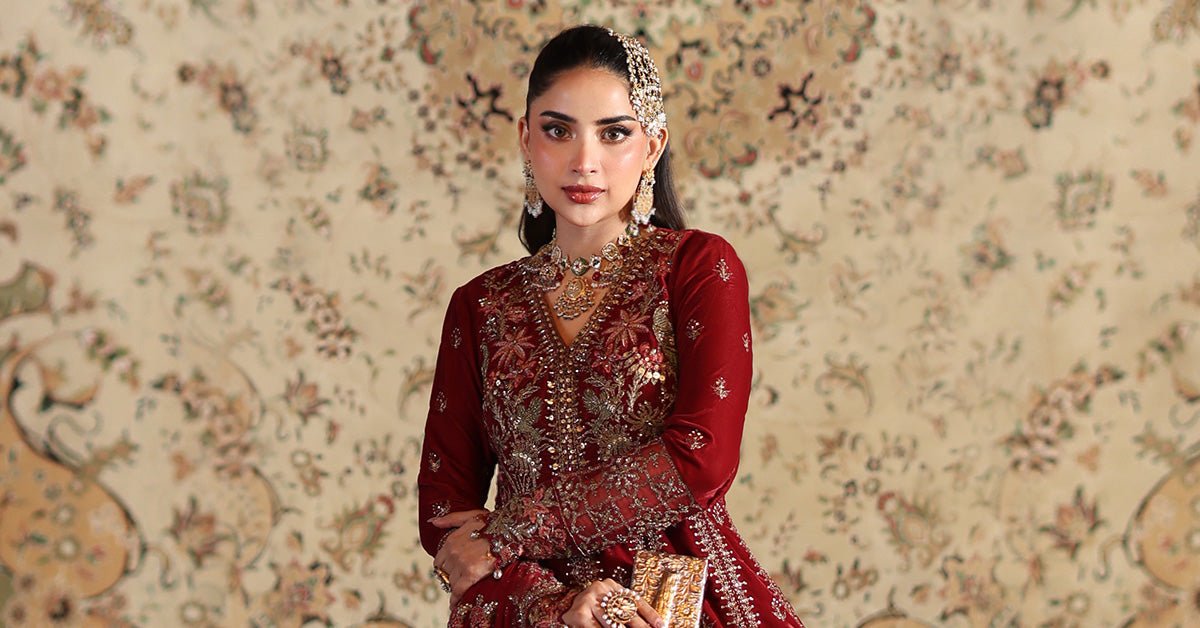 Maria B | RTW | 3 Piece Embroidered Velvet Suit-Brand:Maria B-Type:Luxury Formals-Red - House of Maryam- Buy in UK, USA