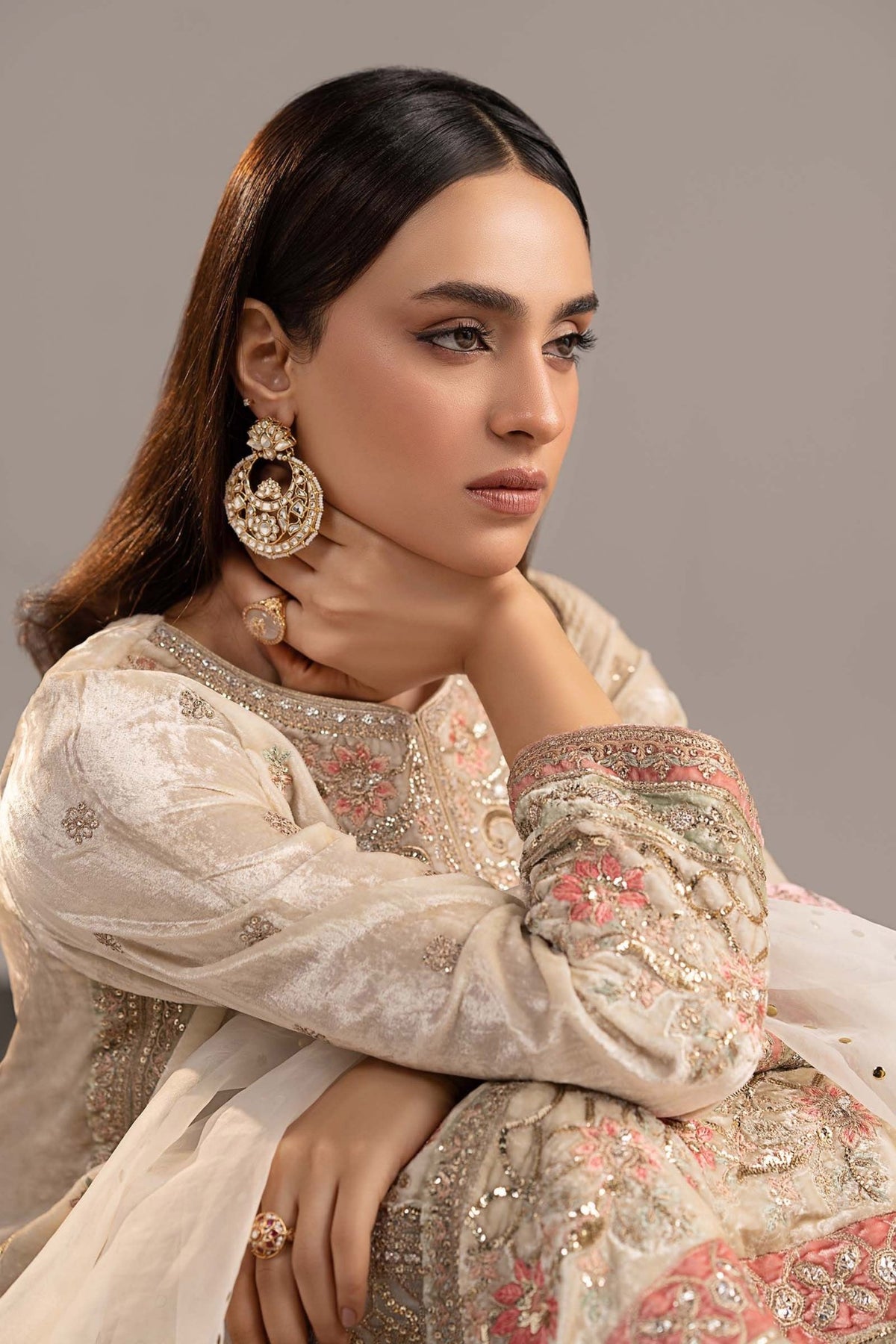 Maria B | RTW | 3 Piece Embroidered Velvet Suit-Brand:Maria B-Type:Luxury Formals-White - House of Maryam- Buy in UK, USA