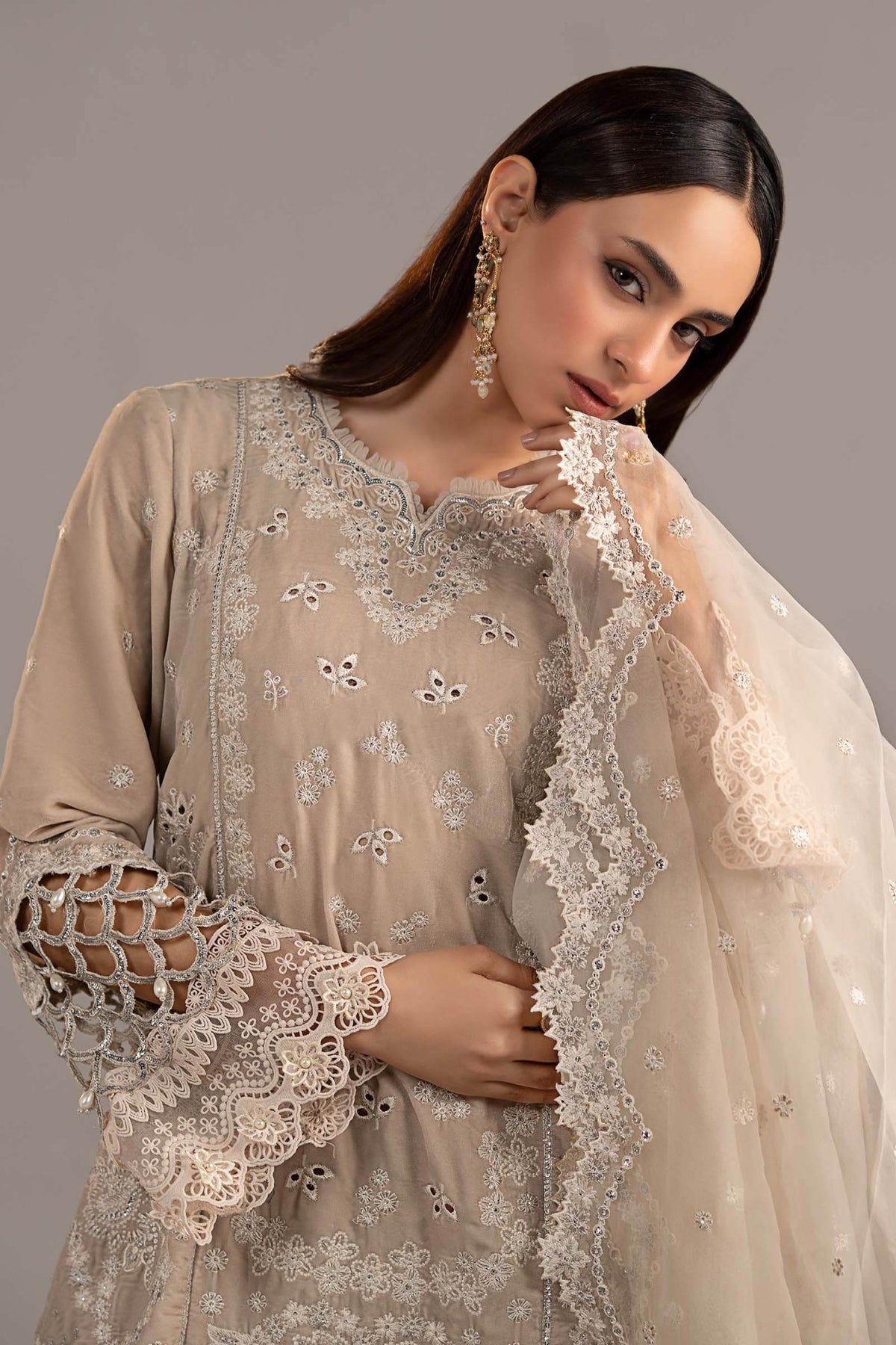 Maria B | RTW | 3 Piece Embroidered Velvet Suit-Brand:Maria B-Type:Luxury Formals-White - House of Maryam- Buy in UK, USA