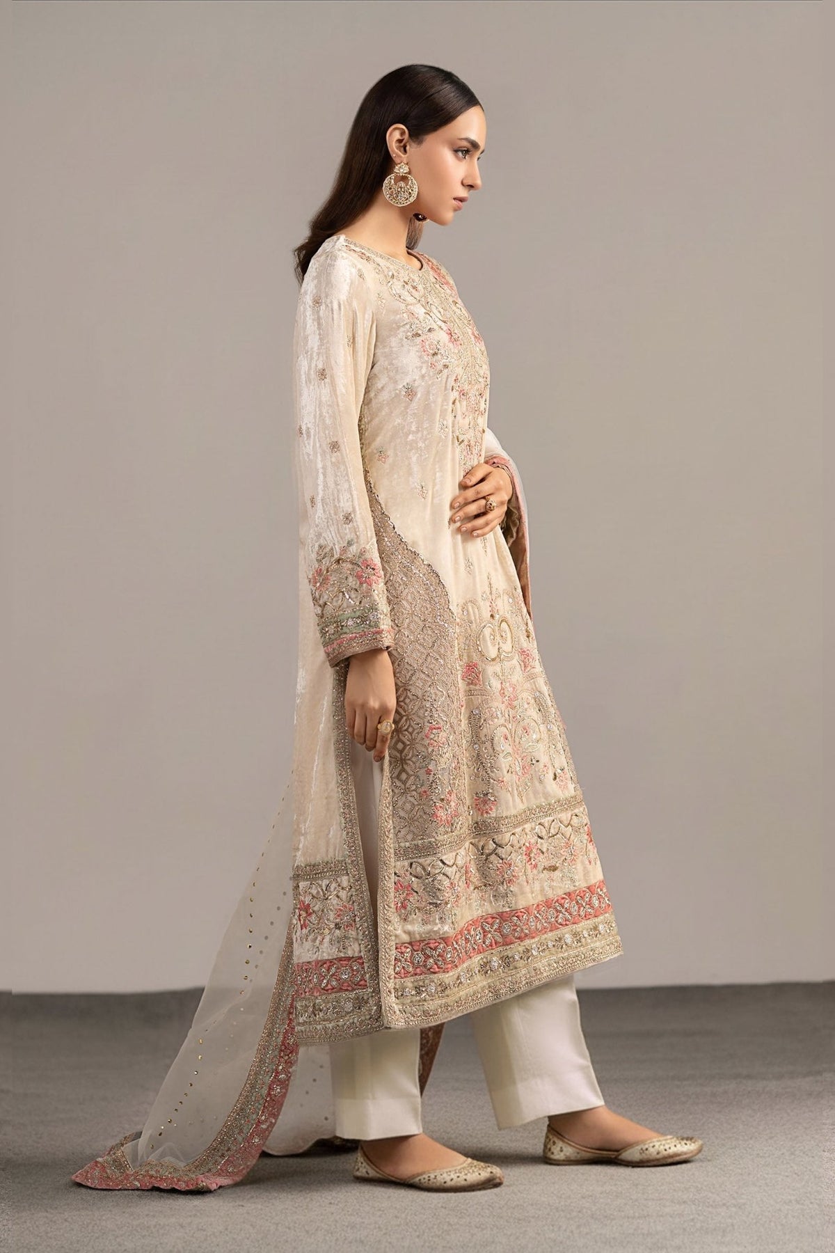 Maria B | RTW | 3 Piece Embroidered Velvet Suit-Brand:Maria B-Type:Luxury Formals-White - House of Maryam- Buy in UK, USA