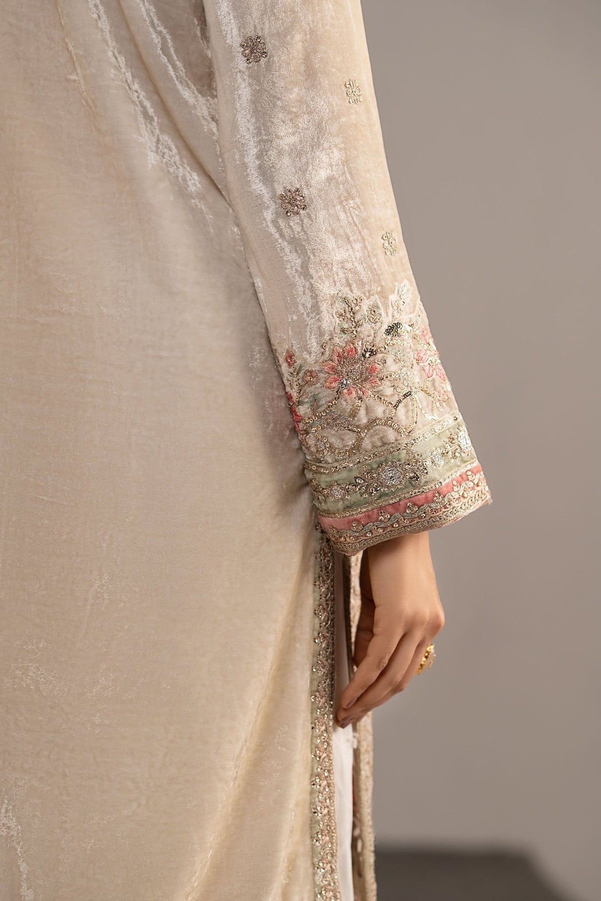 Maria B | RTW | 3 Piece Embroidered Velvet Suit-Brand:Maria B-Type:Luxury Formals-White - House of Maryam- Buy in UK, USA