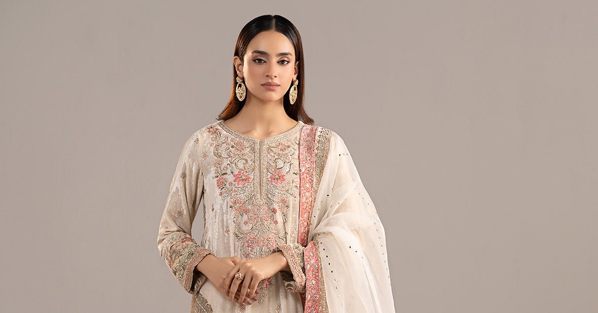 Maria B | RTW | 3 Piece Embroidered Velvet Suit-Brand:Maria B-Type:Luxury Formals-White - House of Maryam- Buy in UK, USA