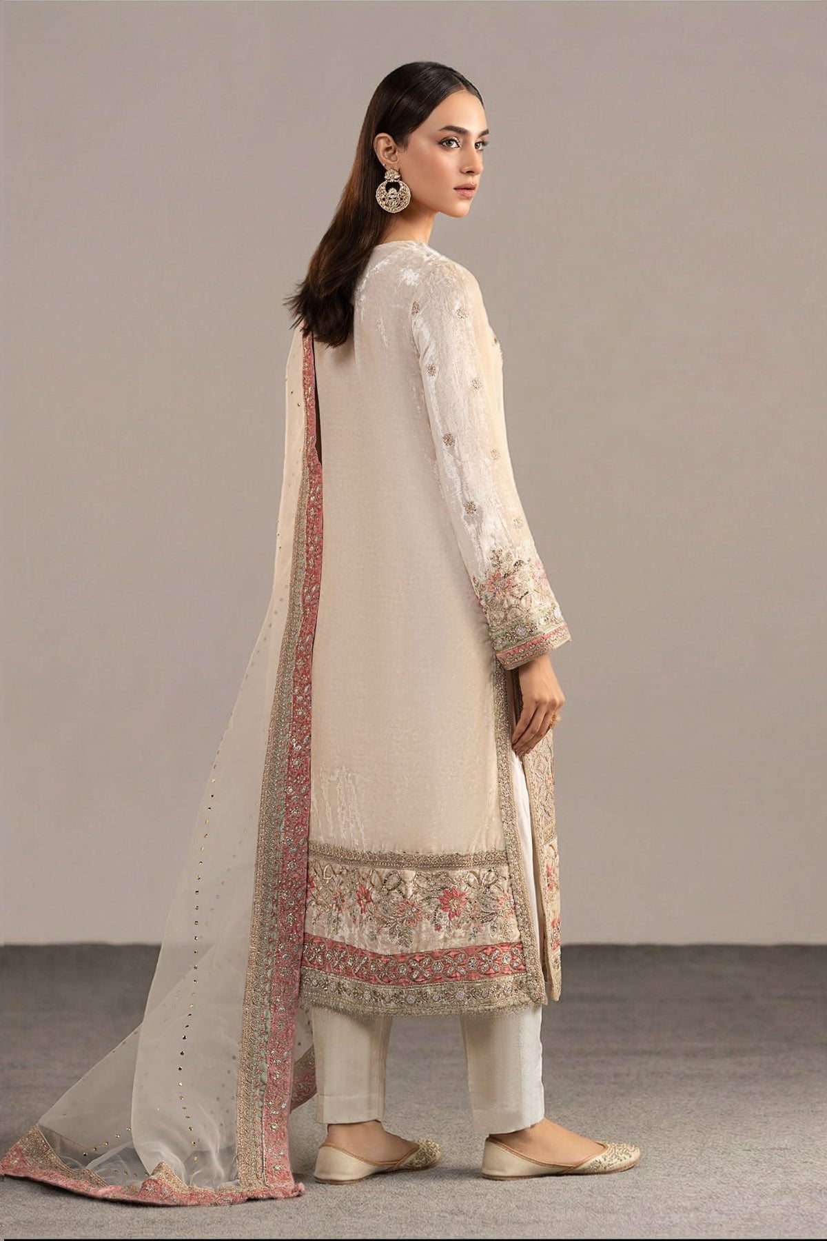 Maria B | RTW | 3 Piece Embroidered Velvet Suit-Brand:Maria B-Type:Luxury Formals-White - House of Maryam- Buy in UK, USA