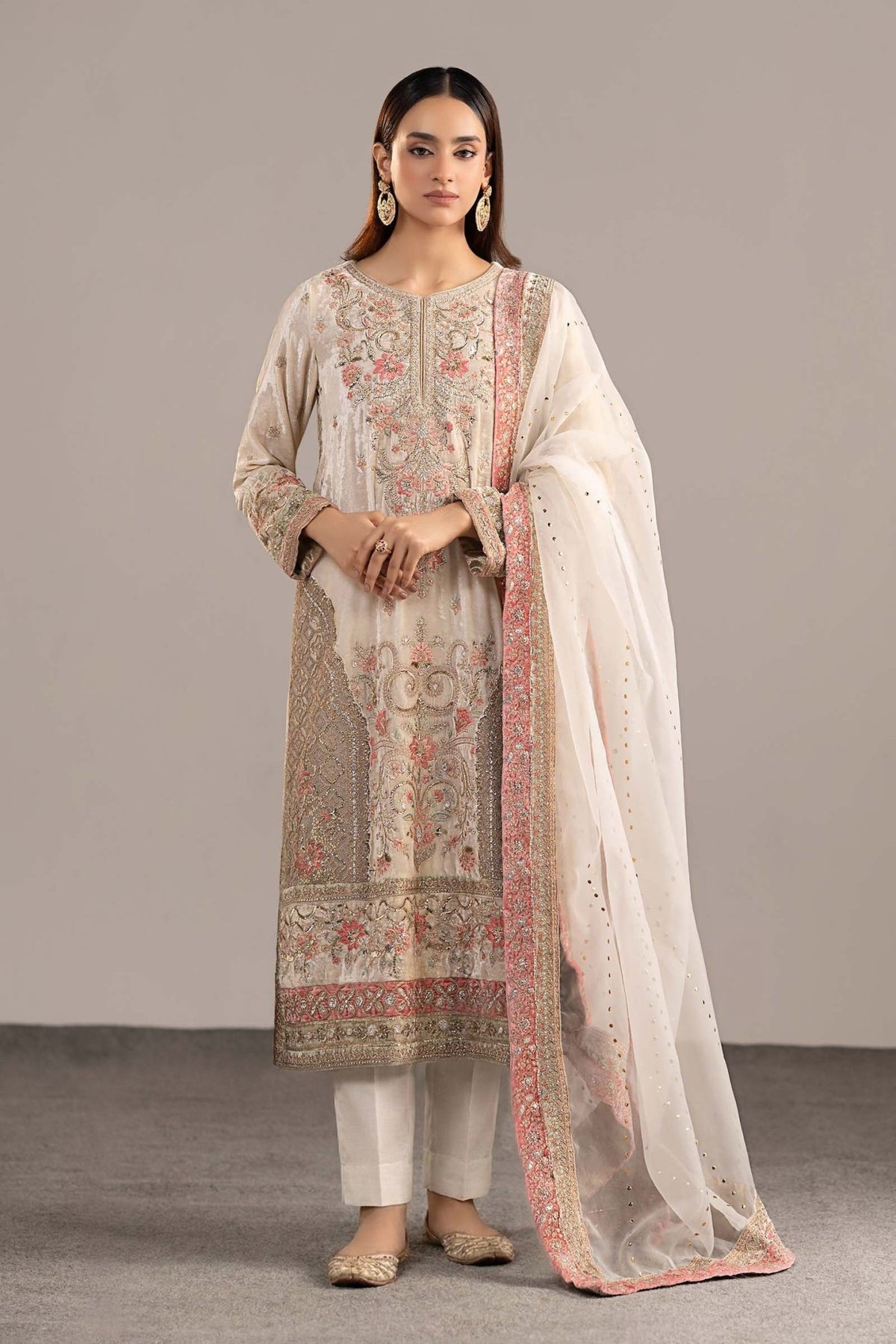 Maria B | RTW | 3 Piece Embroidered Velvet Suit-Brand:Maria B-Type:Luxury Formals-White - House of Maryam- Buy in UK, USA