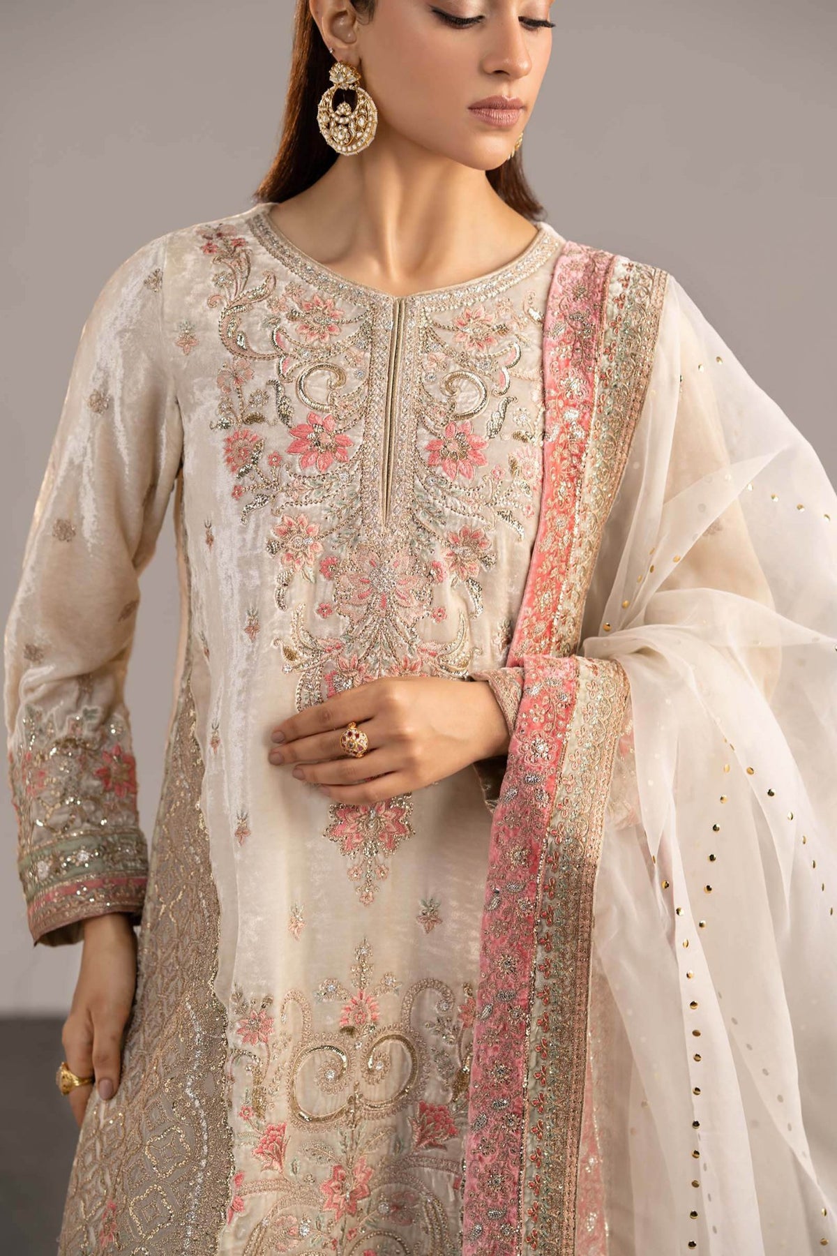 Maria B | RTW | 3 Piece Embroidered Velvet Suit-Brand:Maria B-Type:Luxury Formals-White - House of Maryam- Buy in UK, USA
