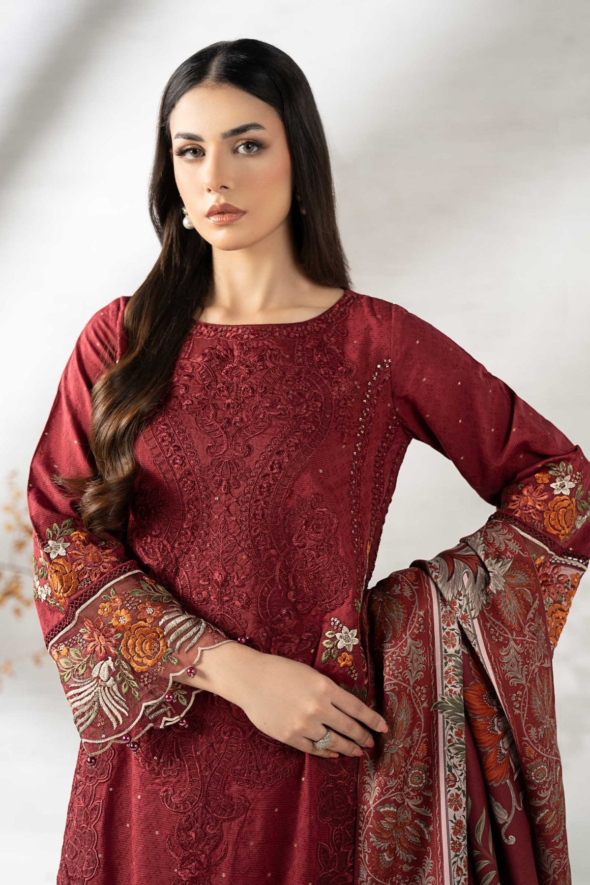 Maria B | RTW | 3 Piece Embroidered Viscose Suit-Brand:Maria B-Type:Luxury Pret-Maroon - House of Maryam- Buy in UK, USA