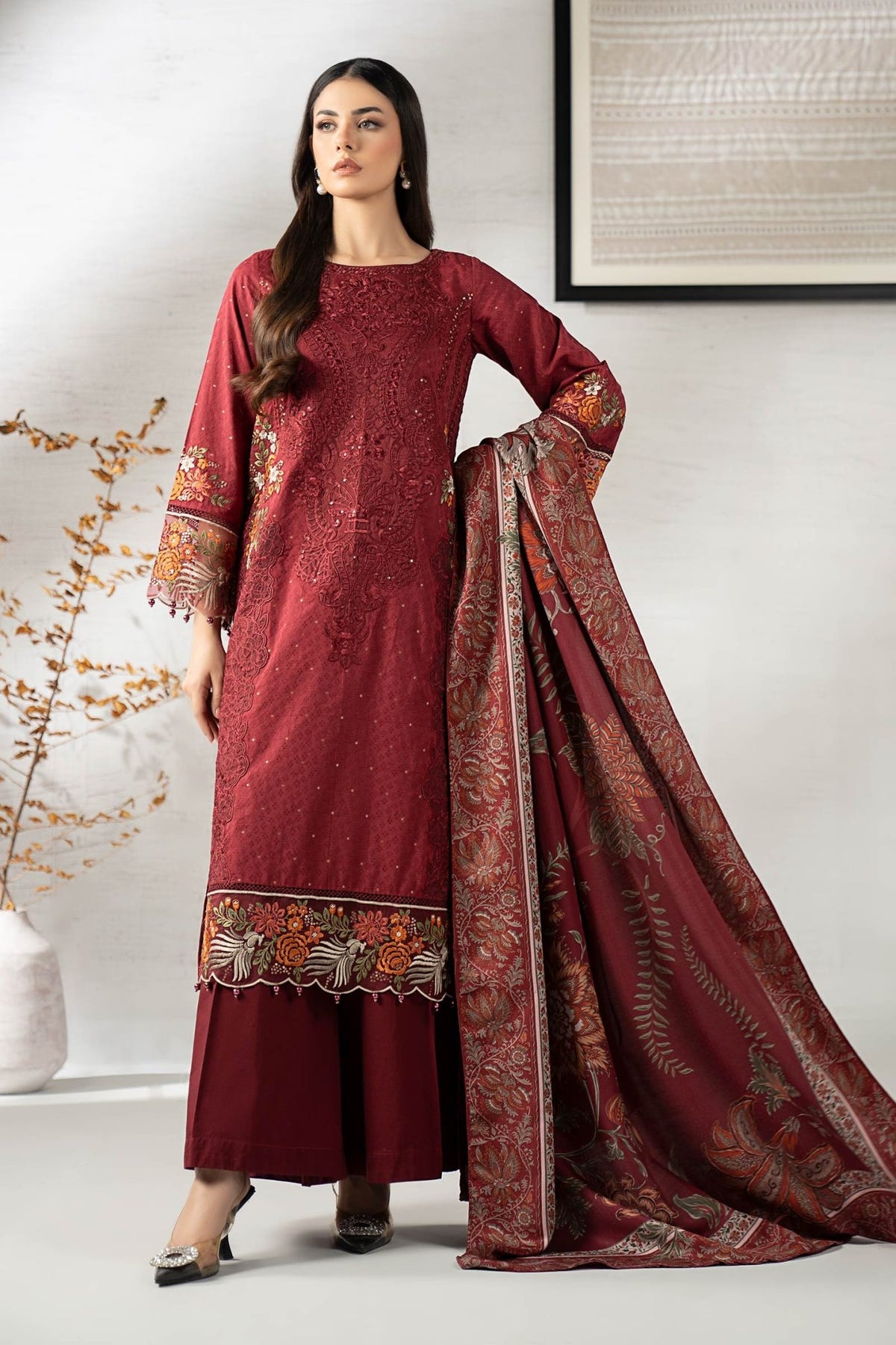 Maria B | RTW | 3 Piece Embroidered Viscose Suit-Brand:Maria B-Type:Luxury Pret-Maroon - House of Maryam- Buy in UK, USA