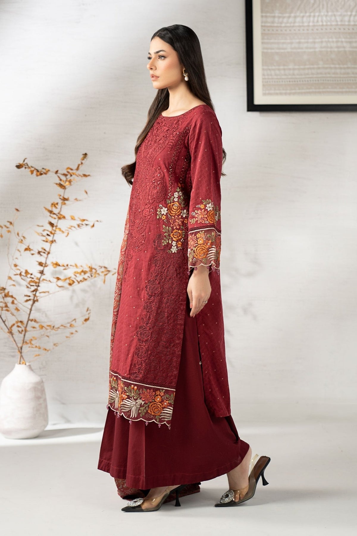 Maria B | RTW | 3 Piece Embroidered Viscose Suit-Brand:Maria B-Type:Luxury Pret-Maroon - House of Maryam- Buy in UK, USA