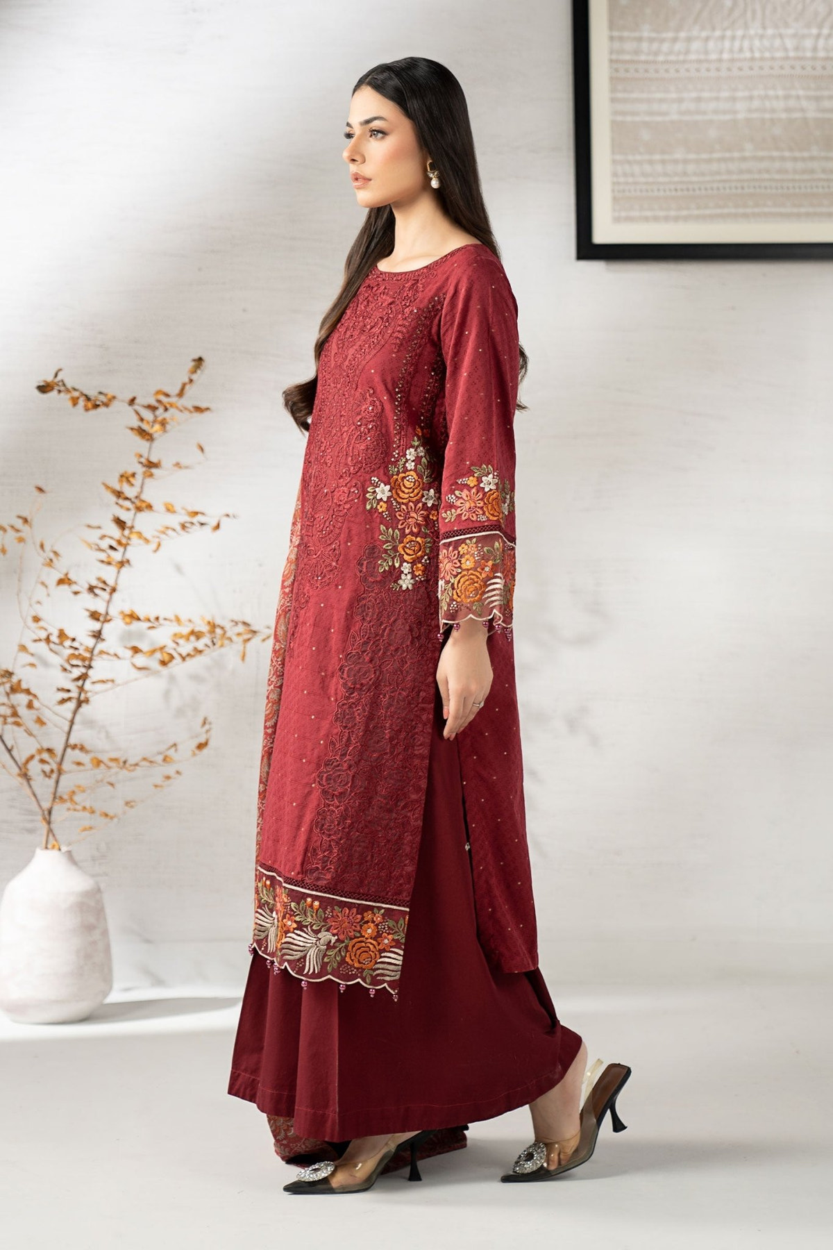 Maria B | RTW | 3 Piece Embroidered Viscose Suit-Brand:Maria B-Type:Luxury Pret-Maroon - House of Maryam- Buy in UK, USA