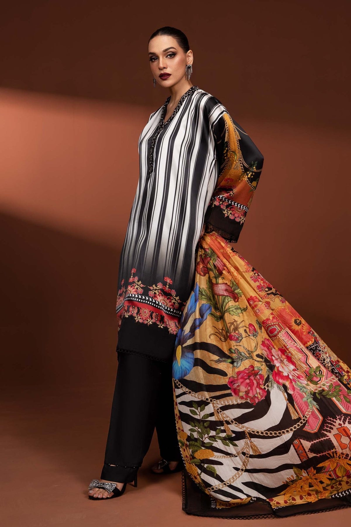 Maria B | RTW | 3 Piece Printed Pure Charmeuse Silk Suit-Brand:Maria B-Type:Luxury Formals-Black - House of Maryam- Buy in UK, USA