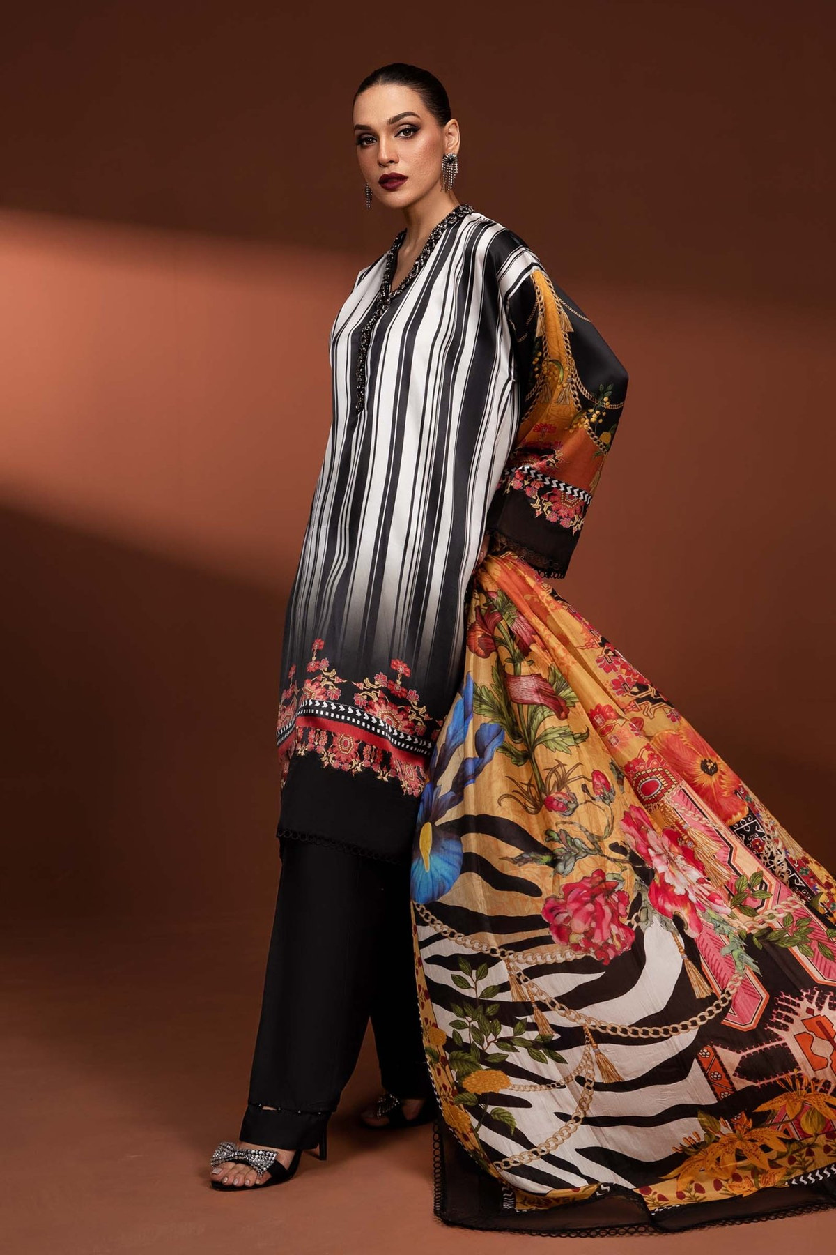 Maria B | RTW | 3 Piece Printed Pure Charmeuse Silk Suit-Brand:Maria B-Type:Luxury Formals-Black - House of Maryam- Buy in UK, USA