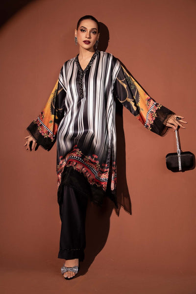 Maria B | RTW | 3 Piece Printed Pure Charmeuse Silk Suit-Brand:Maria B-Type:Luxury Formals-Black - House of Maryam- Buy in UK, USA