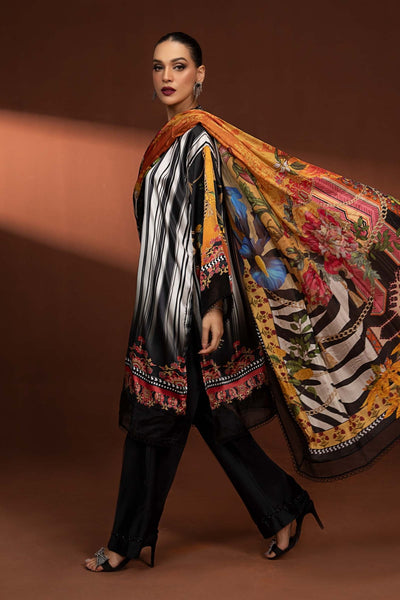Maria B | RTW | 3 Piece Printed Pure Charmeuse Silk Suit-Brand:Maria B-Type:Luxury Formals-Black - House of Maryam- Buy in UK, USA