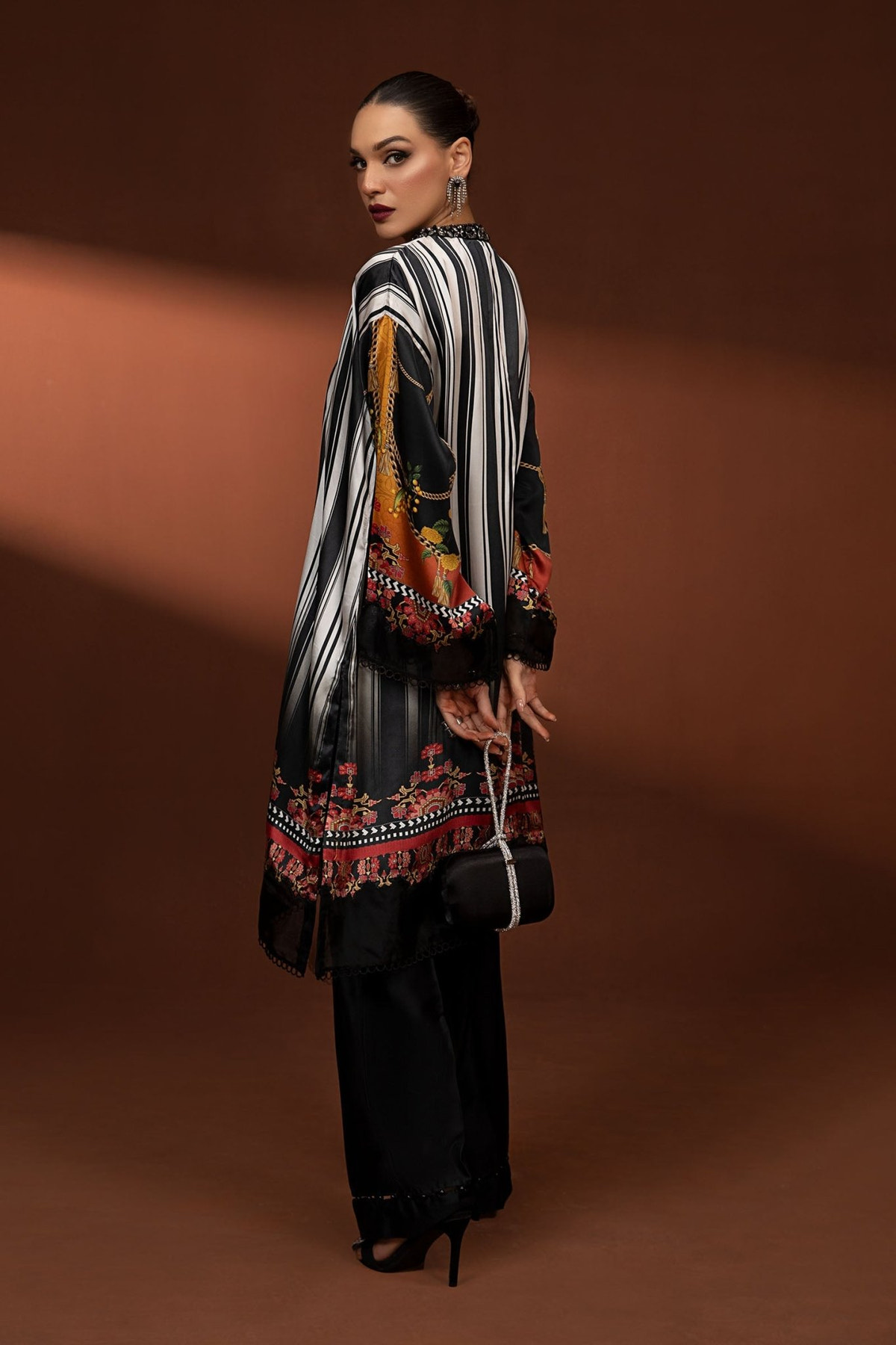 Maria B | RTW | 3 Piece Printed Pure Charmeuse Silk Suit-Brand:Maria B-Type:Luxury Formals-Black - House of Maryam- Buy in UK, USA