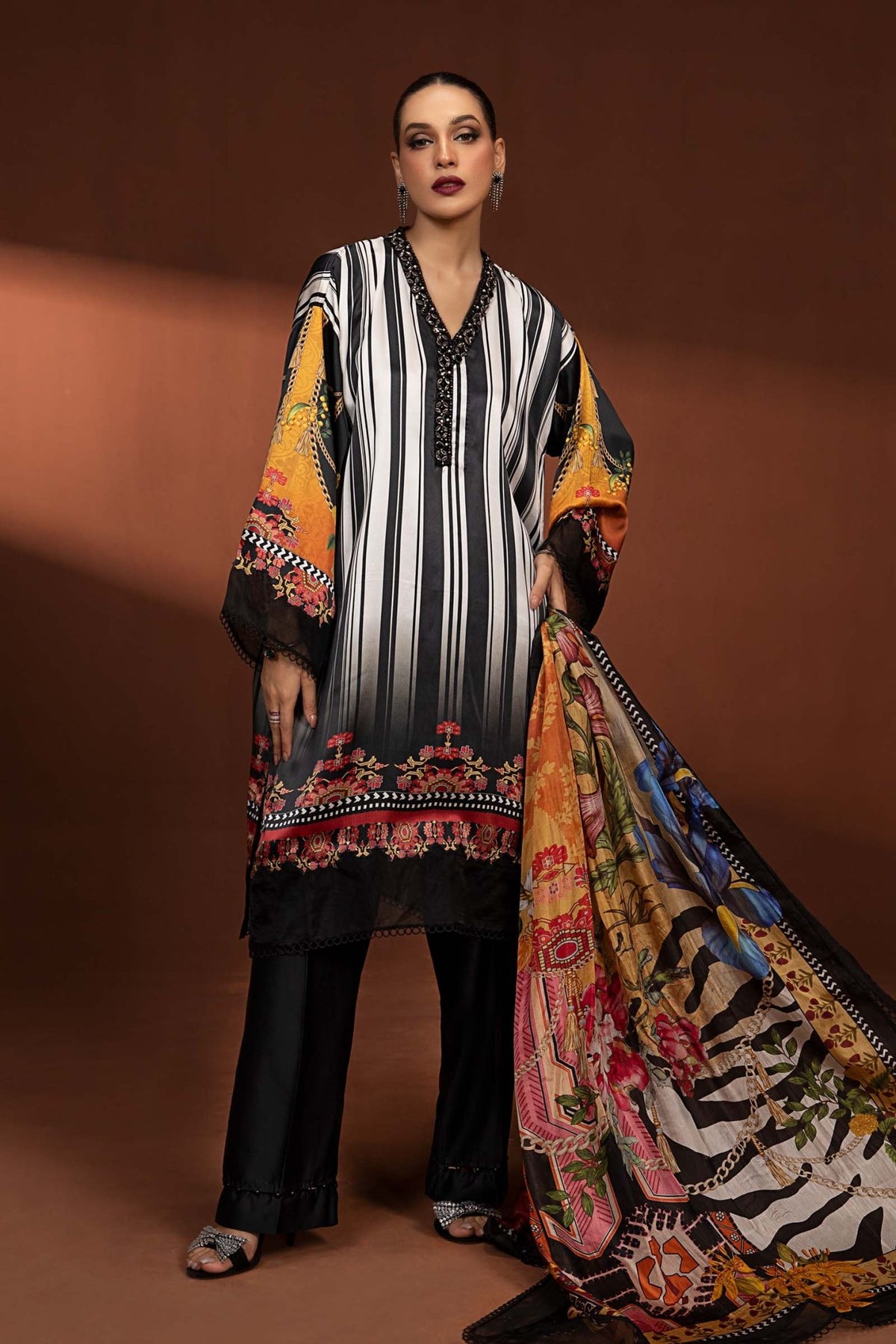 Maria B | RTW | 3 Piece Printed Pure Charmeuse Silk Suit-Brand:Maria B-Type:Luxury Formals-Black - House of Maryam- Buy in UK, USA