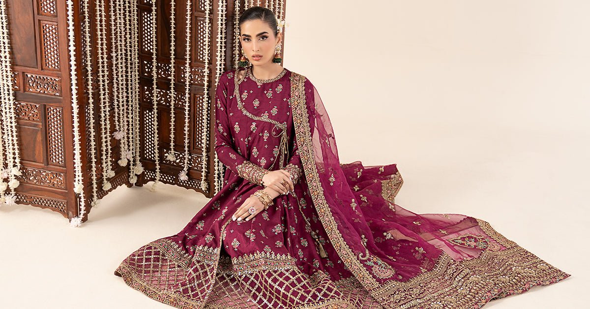 Maria B | RTW | 3 Piece Printed Raw Silk Suit-Brand:Maria B-Type:Luxury Formals-Maroon - House of Maryam- Buy in UK, USA