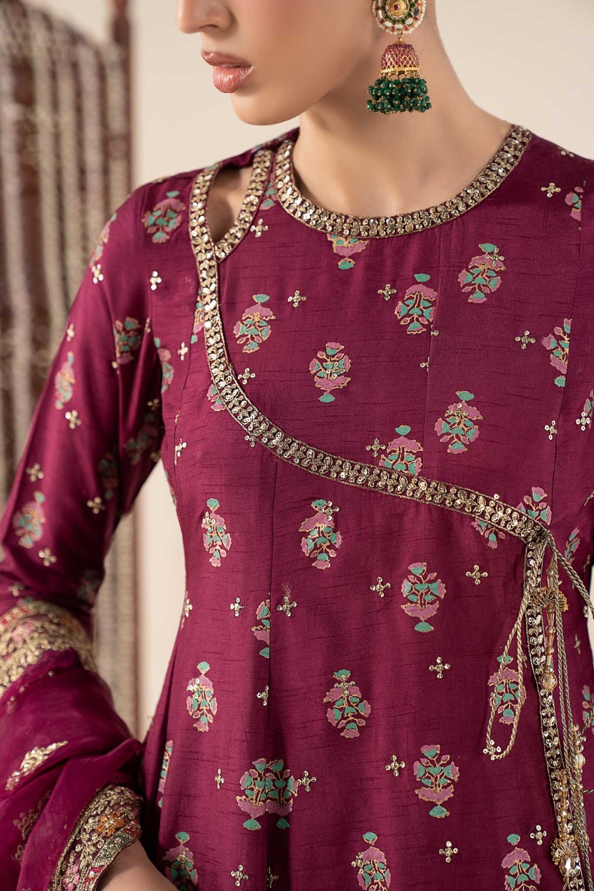 Maria B | RTW | 3 Piece Printed Raw Silk Suit-Brand:Maria B-Type:Luxury Formals-Maroon - House of Maryam- Buy in UK, USA