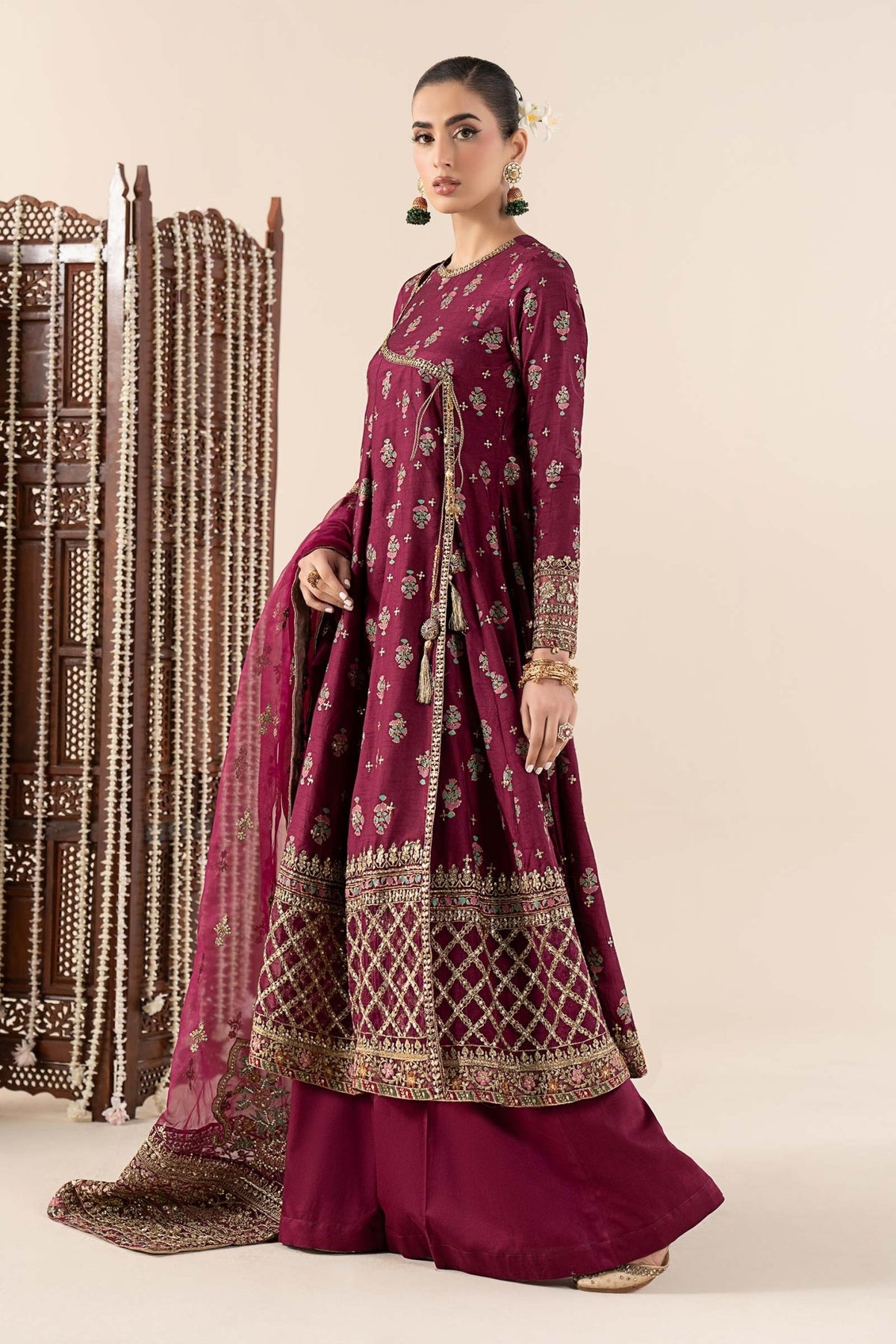 Maria B | RTW | 3 Piece Printed Raw Silk Suit-Brand:Maria B-Type:Luxury Formals-Maroon - House of Maryam- Buy in UK, USA