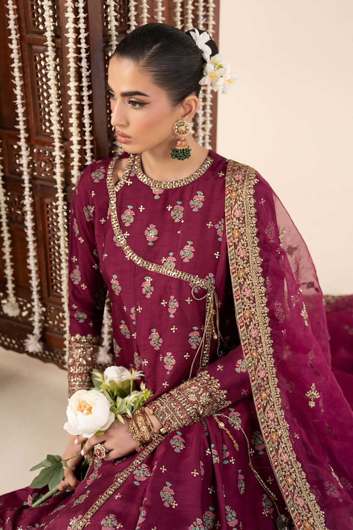 Maria B | RTW | 3 Piece Printed Raw Silk Suit-Brand:Maria B-Type:Luxury Formals-Maroon - House of Maryam- Buy in UK, USA