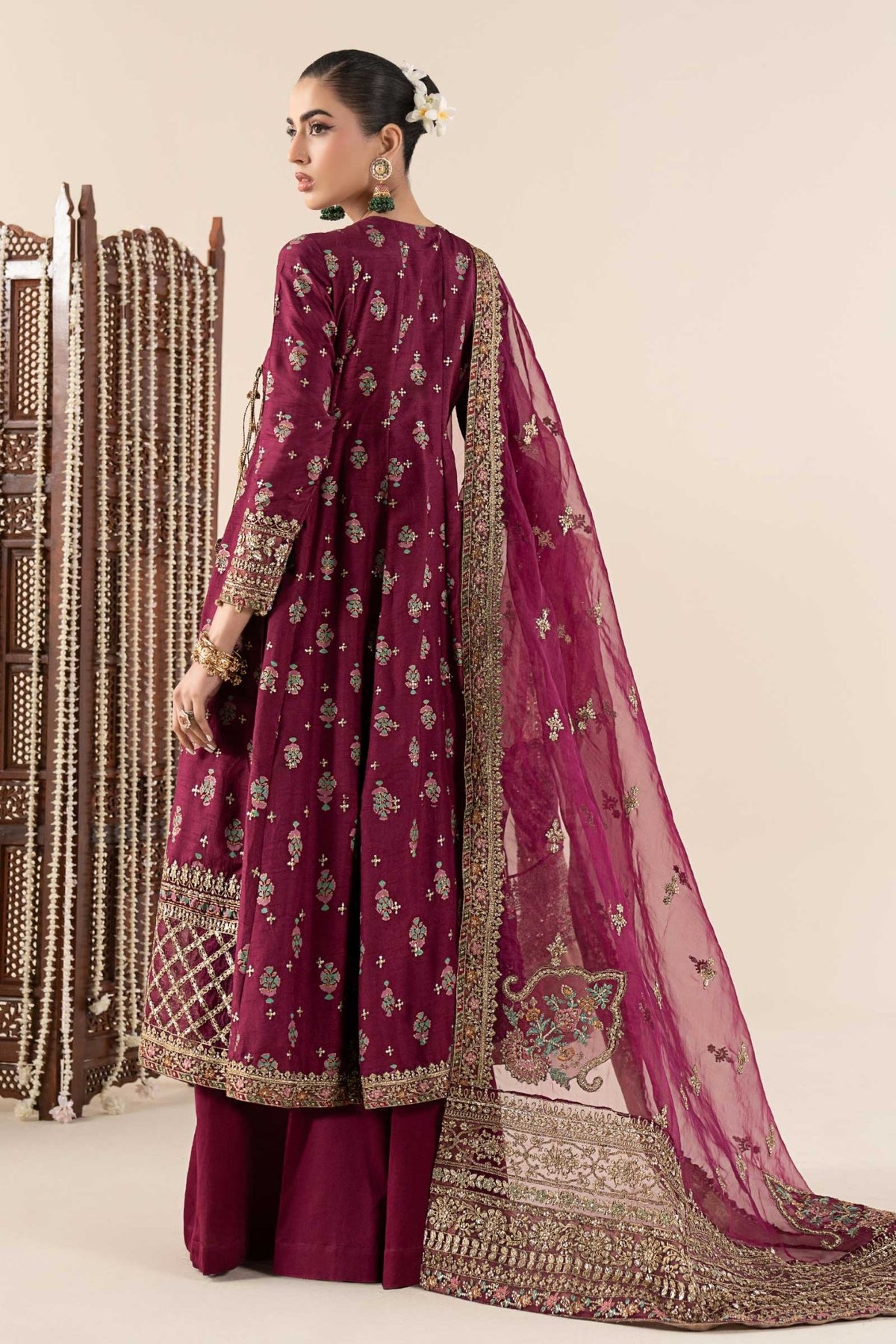 Maria B | RTW | 3 Piece Printed Raw Silk Suit-Brand:Maria B-Type:Luxury Formals-Maroon - House of Maryam- Buy in UK, USA