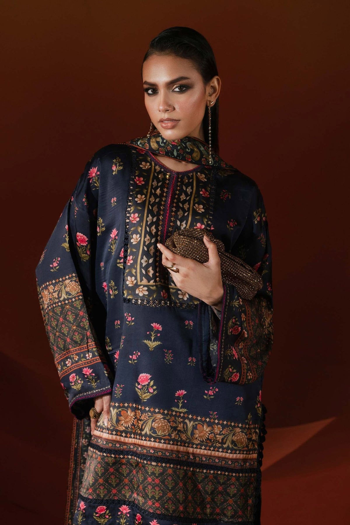 Maria B | RTW | 3 Piece Printed Satin Silk Suit-Brand:Maria B-Type:Luxury Formals-Blue - House of Maryam- Buy in UK, USA
