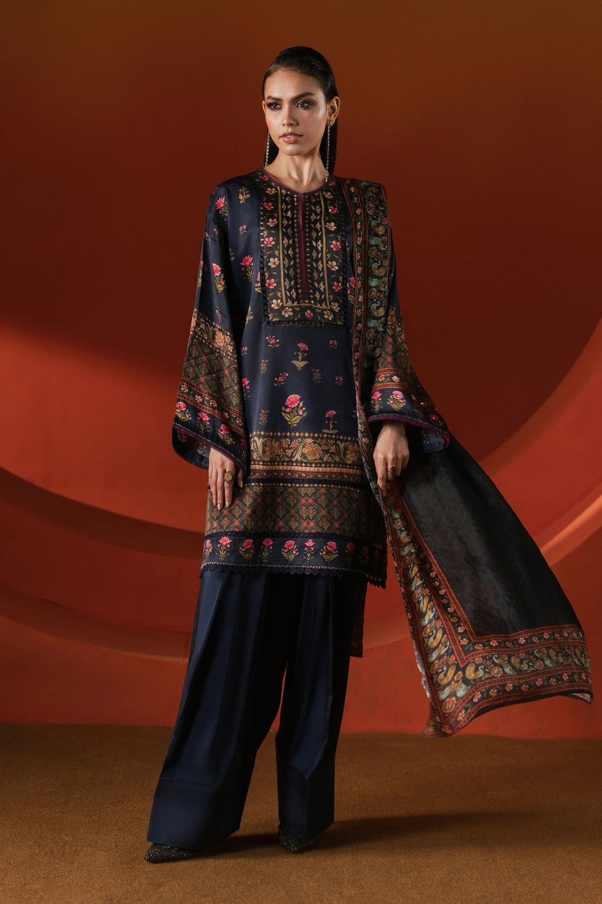Maria B | RTW | 3 Piece Printed Satin Silk Suit-Brand:Maria B-Type:Luxury Formals-Blue - House of Maryam- Buy in UK, USA
