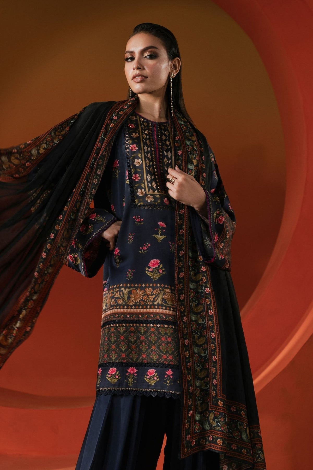 Maria B | RTW | 3 Piece Printed Satin Silk Suit-Brand:Maria B-Type:Luxury Formals-Blue - House of Maryam- Buy in UK, USA