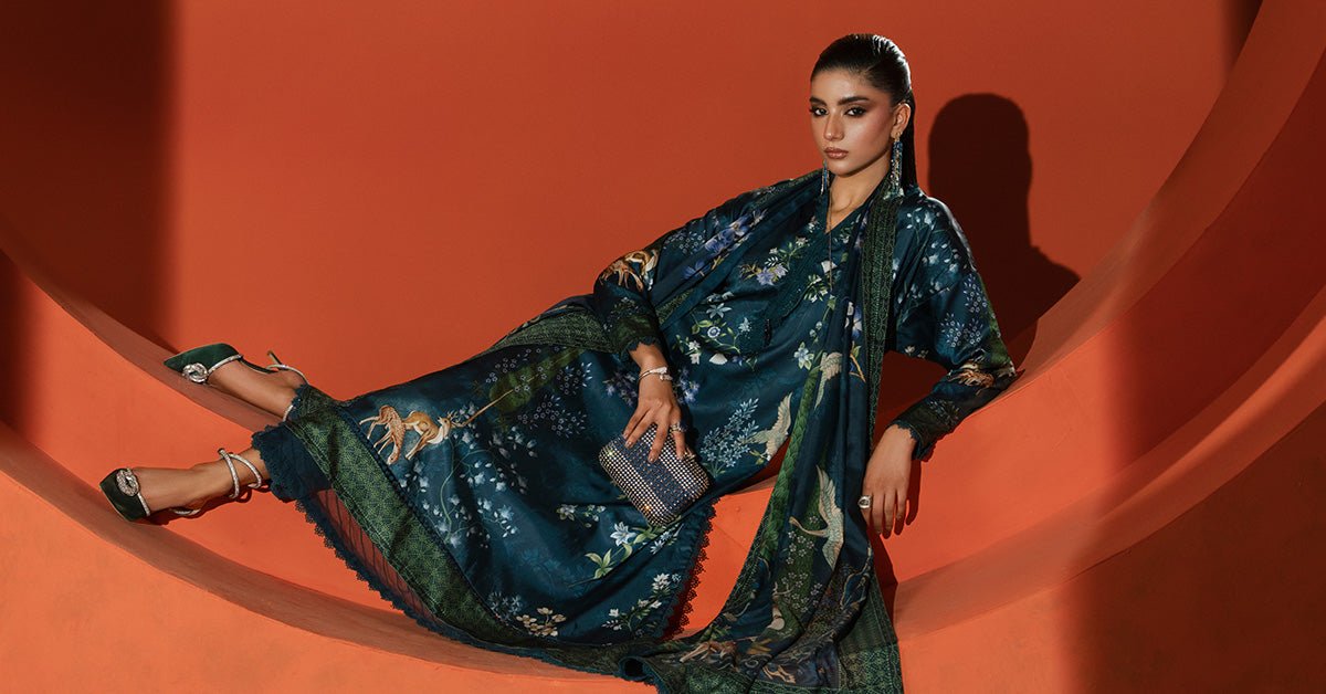 Maria B | RTW | 3 Piece Printed Satin Silk Suit-Brand:Maria B-Type:Luxury Formals-Blue - House of Maryam- Buy in UK, USA