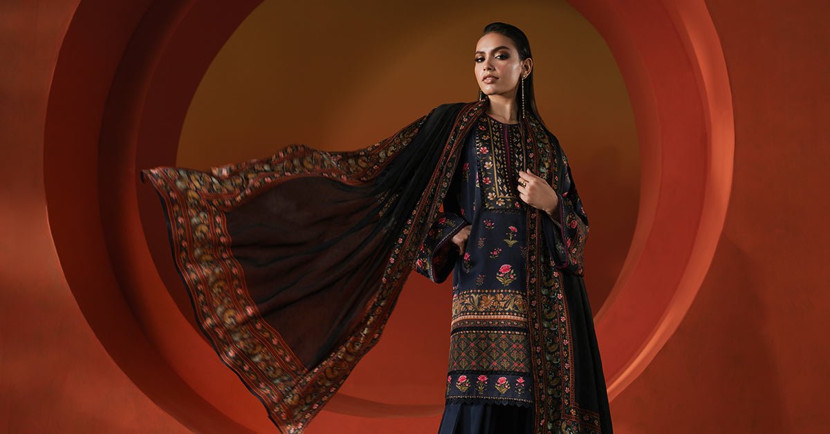 Maria B | RTW | 3 Piece Printed Satin Silk Suit-Brand:Maria B-Type:Luxury Formals-Blue - House of Maryam- Buy in UK, USA