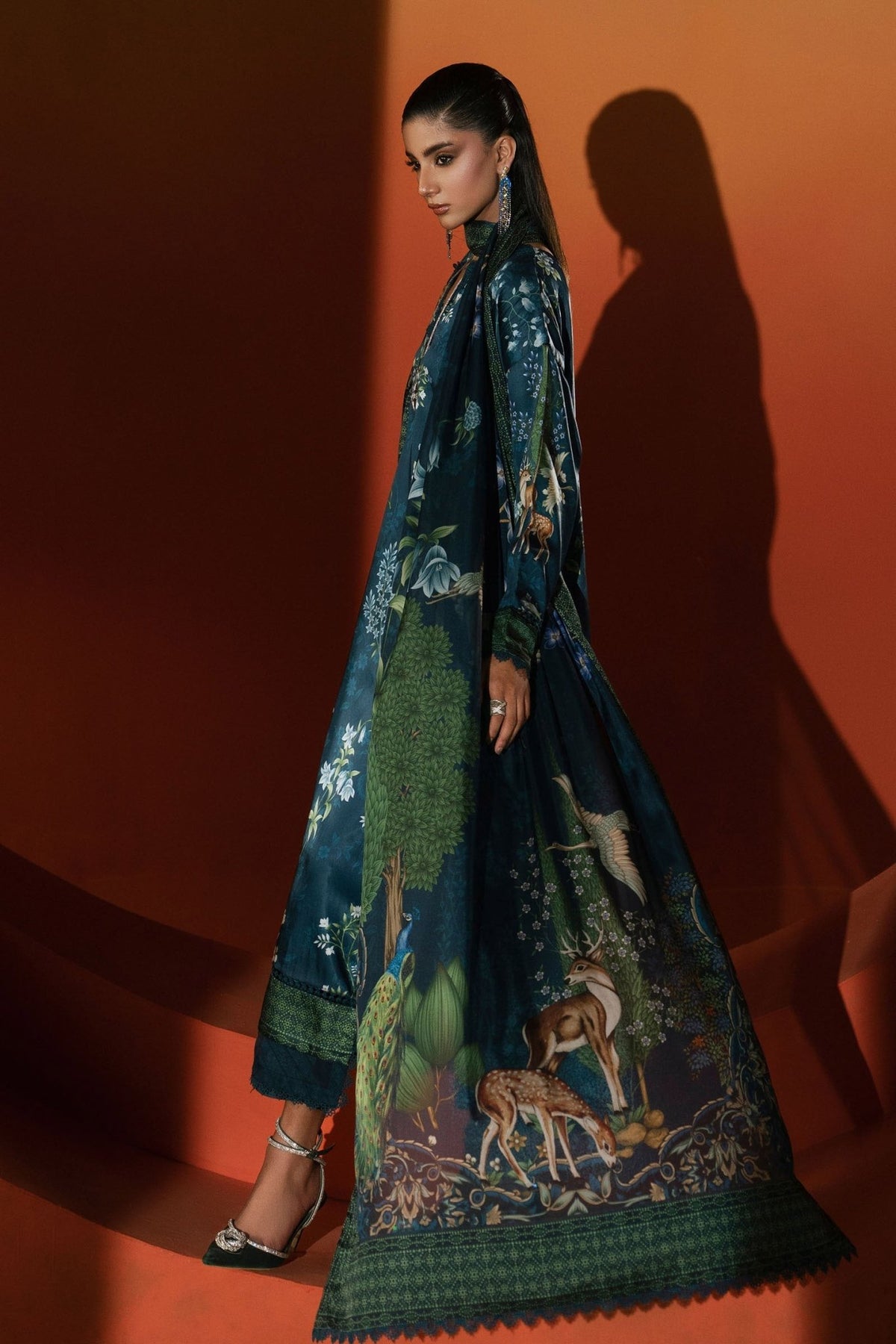 Maria B | RTW | 3 Piece Printed Satin Silk Suit-Brand:Maria B-Type:Luxury Formals-Blue - House of Maryam- Buy in UK, USA