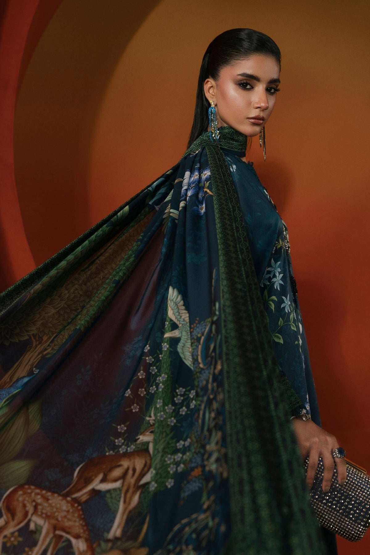 Maria B | RTW | 3 Piece Printed Satin Silk Suit-Brand:Maria B-Type:Luxury Formals-Blue - House of Maryam- Buy in UK, USA