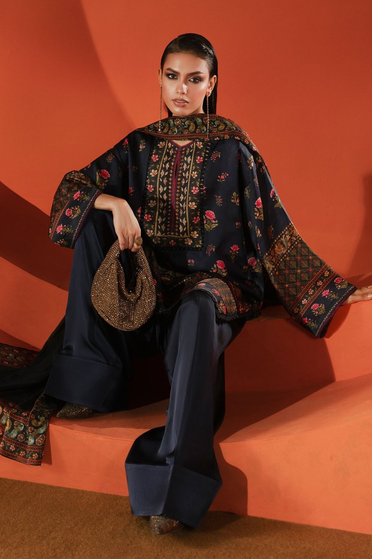 Maria B | RTW | 3 Piece Printed Satin Silk Suit-Brand:Maria B-Type:Luxury Formals-Blue - House of Maryam- Buy in UK, USA