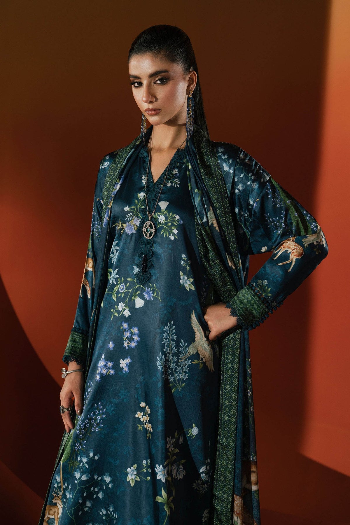 Maria B | RTW | 3 Piece Printed Satin Silk Suit-Brand:Maria B-Type:Luxury Formals-Blue - House of Maryam- Buy in UK, USA