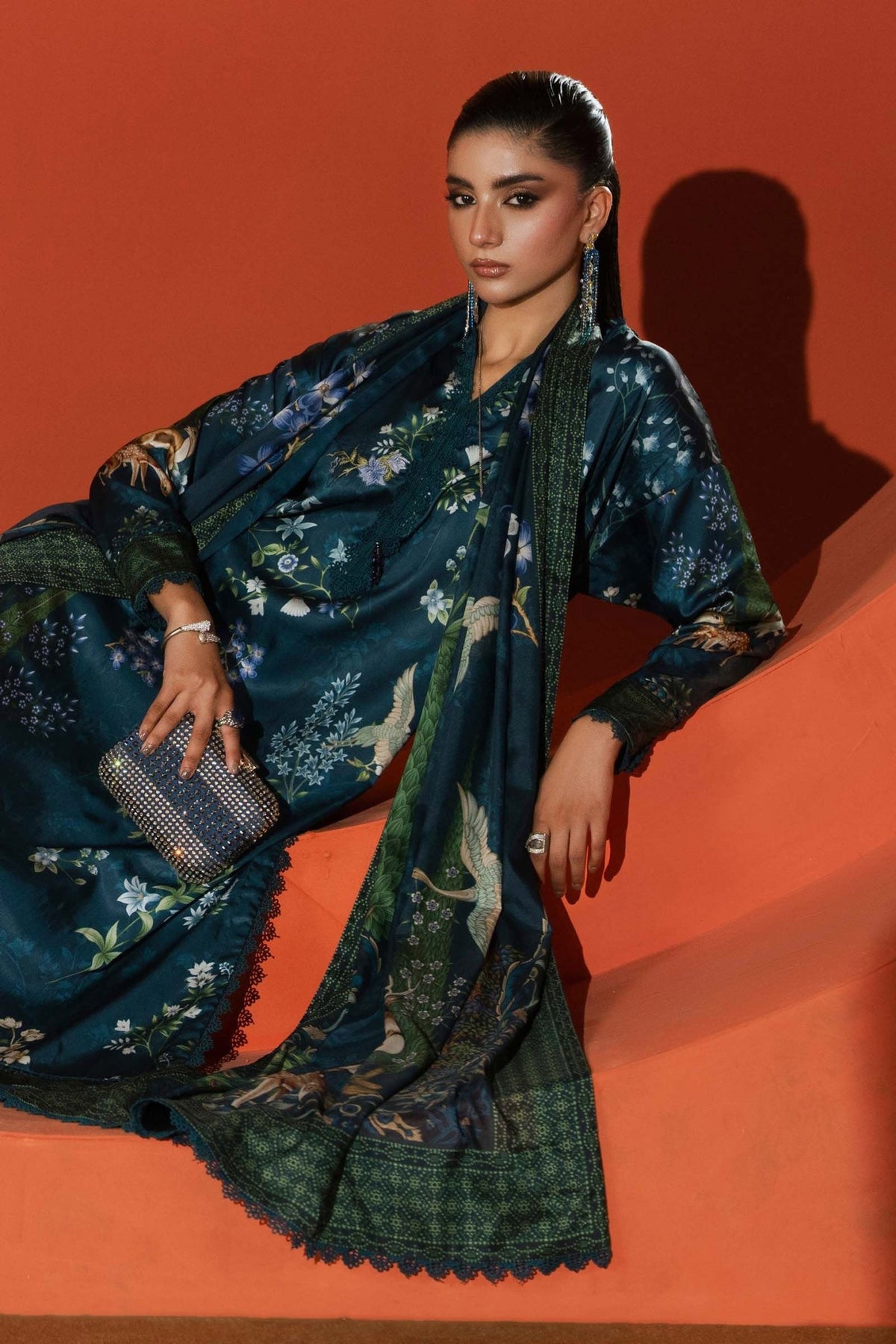 Maria B | RTW | 3 Piece Printed Satin Silk Suit-Brand:Maria B-Type:Luxury Formals-Blue - House of Maryam- Buy in UK, USA