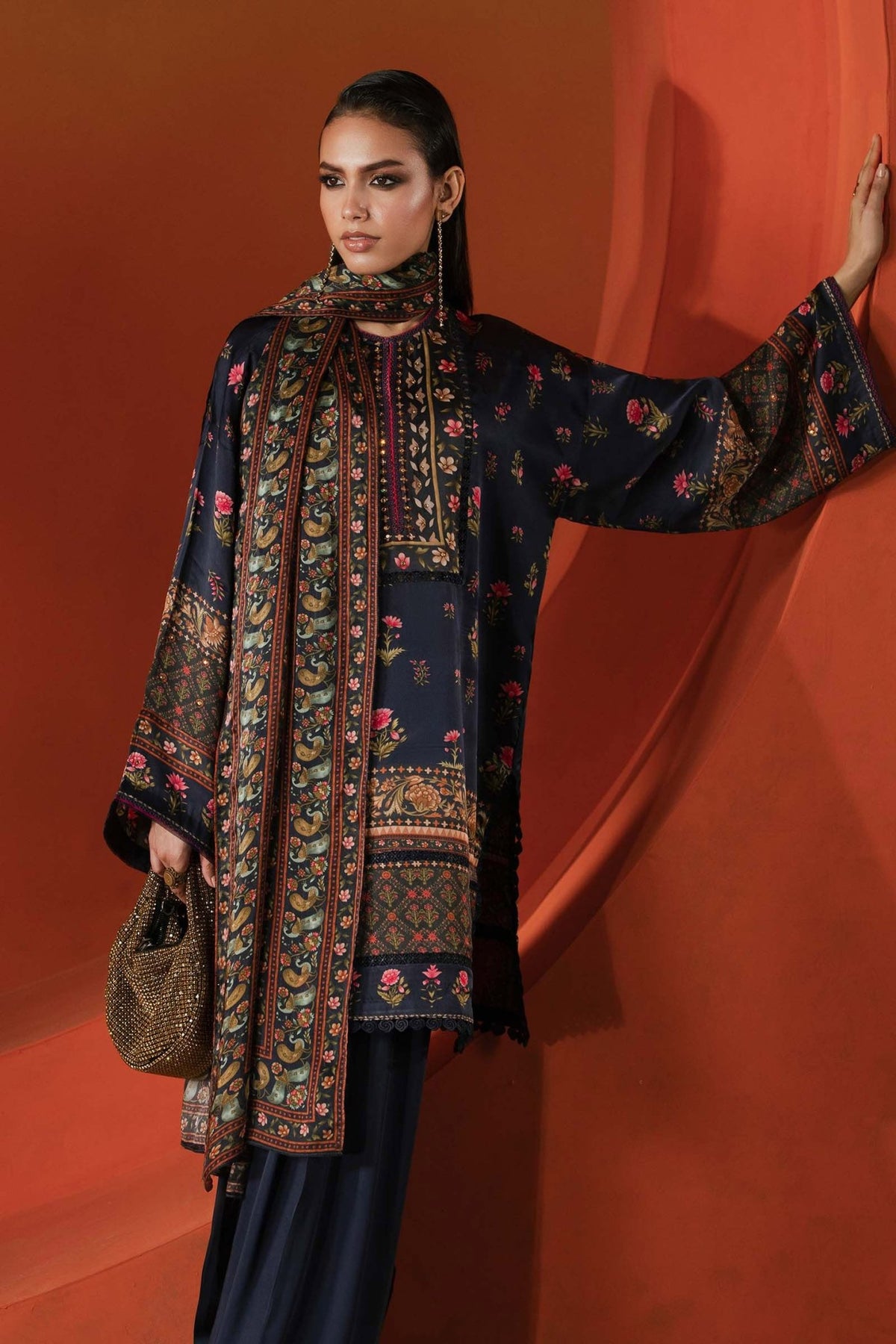 Maria B | RTW | 3 Piece Printed Satin Silk Suit-Brand:Maria B-Type:Luxury Formals-Blue - House of Maryam- Buy in UK, USA